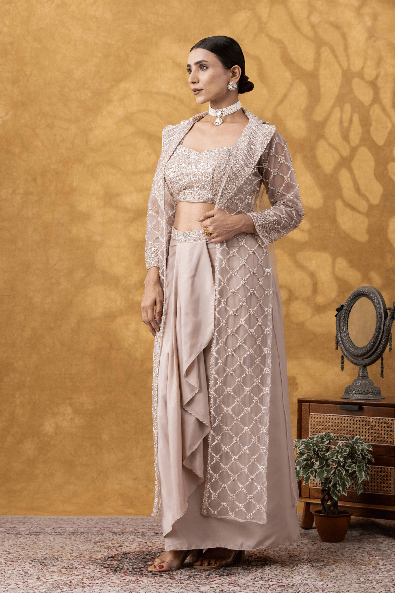 Nude Champagne Embellished Jacket & Drape Skirt Set