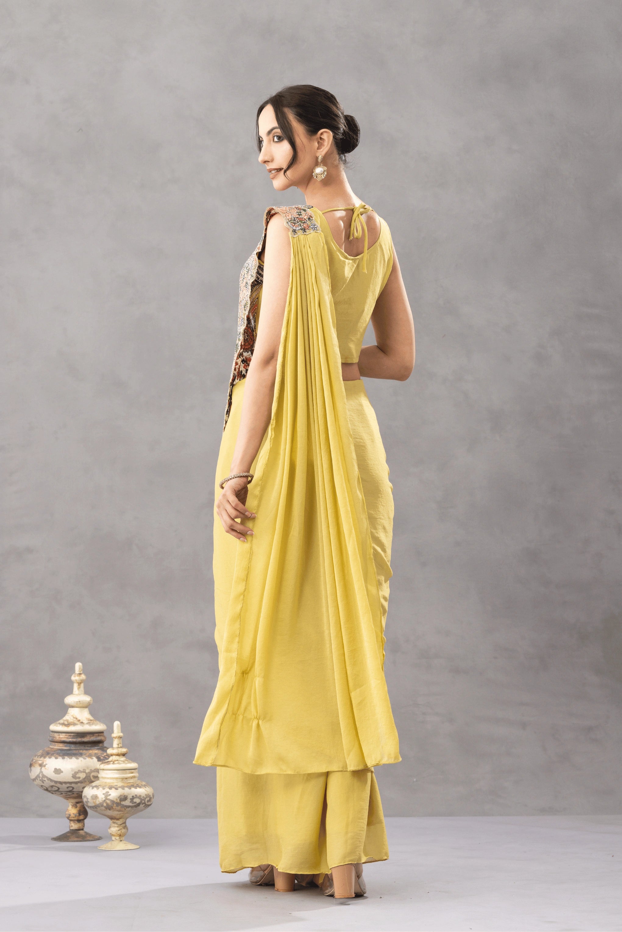 Antique Mustard Draped Saree with Floral Embroidered Blouse