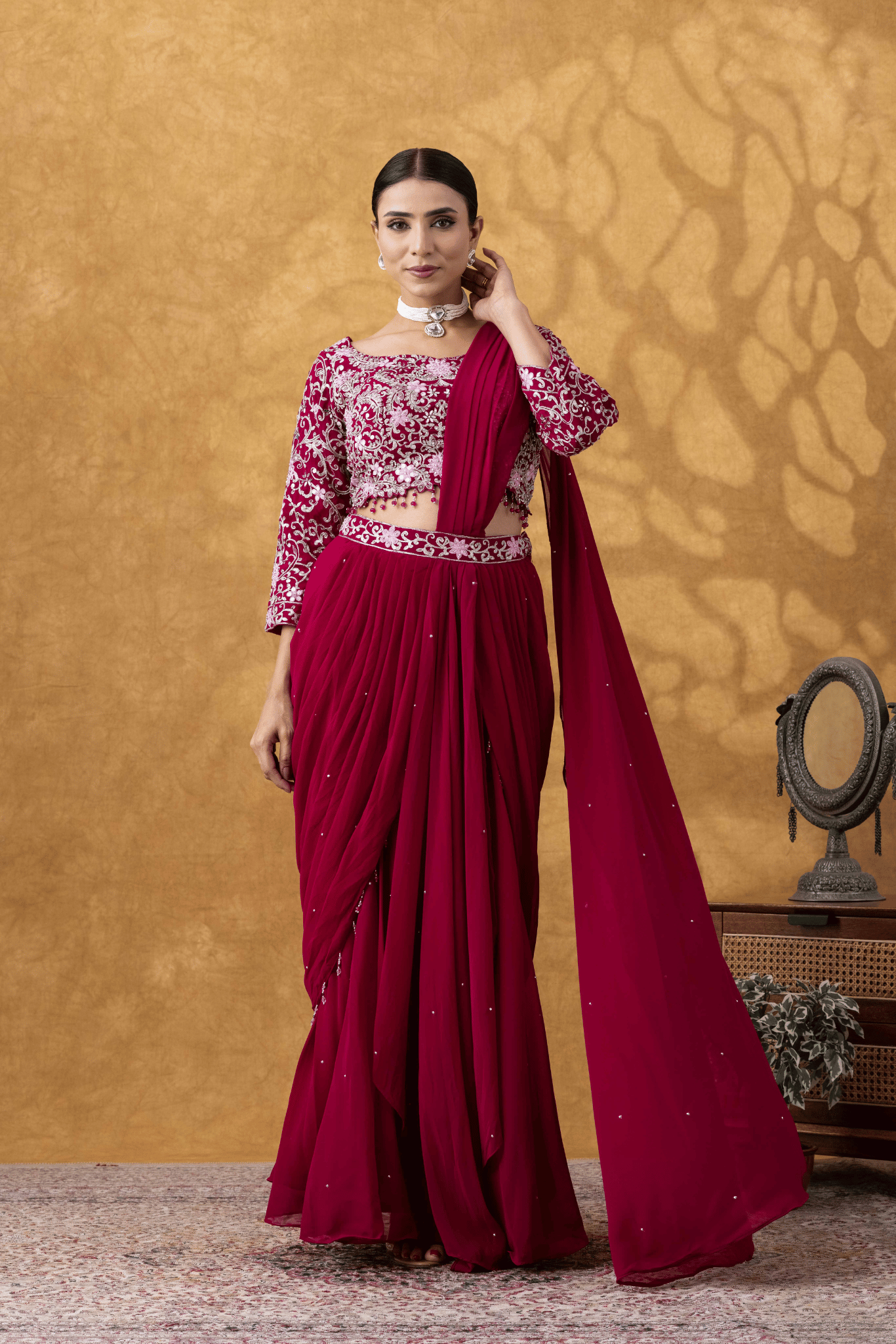 Wine Red Embroidered Ready to Wear Saree Set