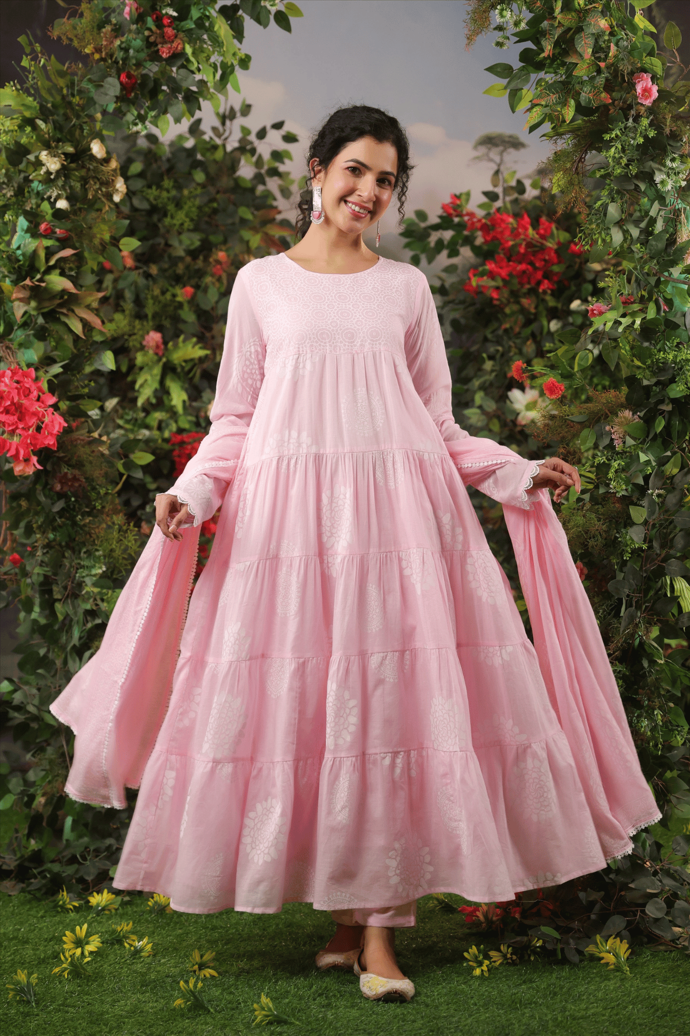 Pink Mulmul  Anarkali Suit Set