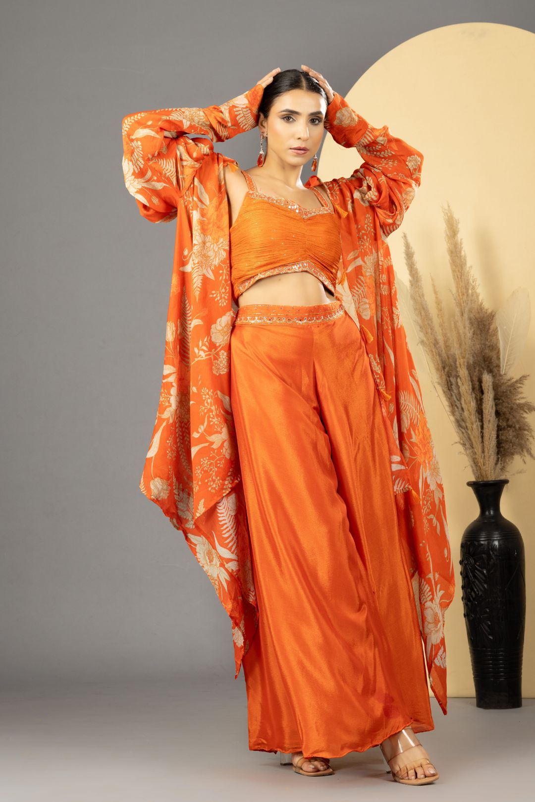 Orange Sharara with Full Sleeves Cape Set