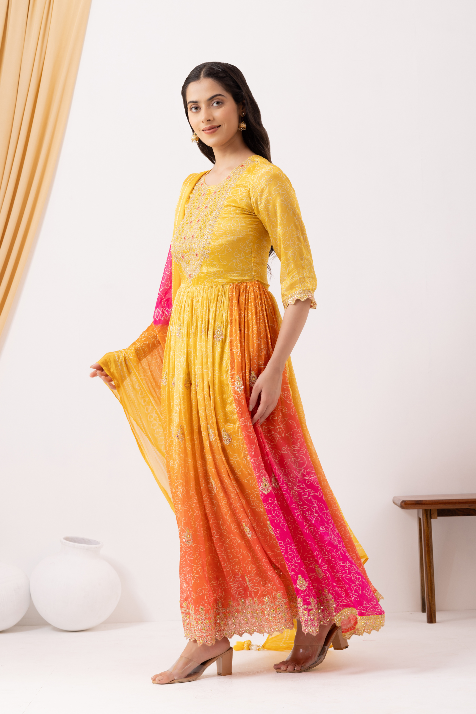 Yellow & Pink Ombre Crepe Printed & Hand Embroidered Anarkali Set