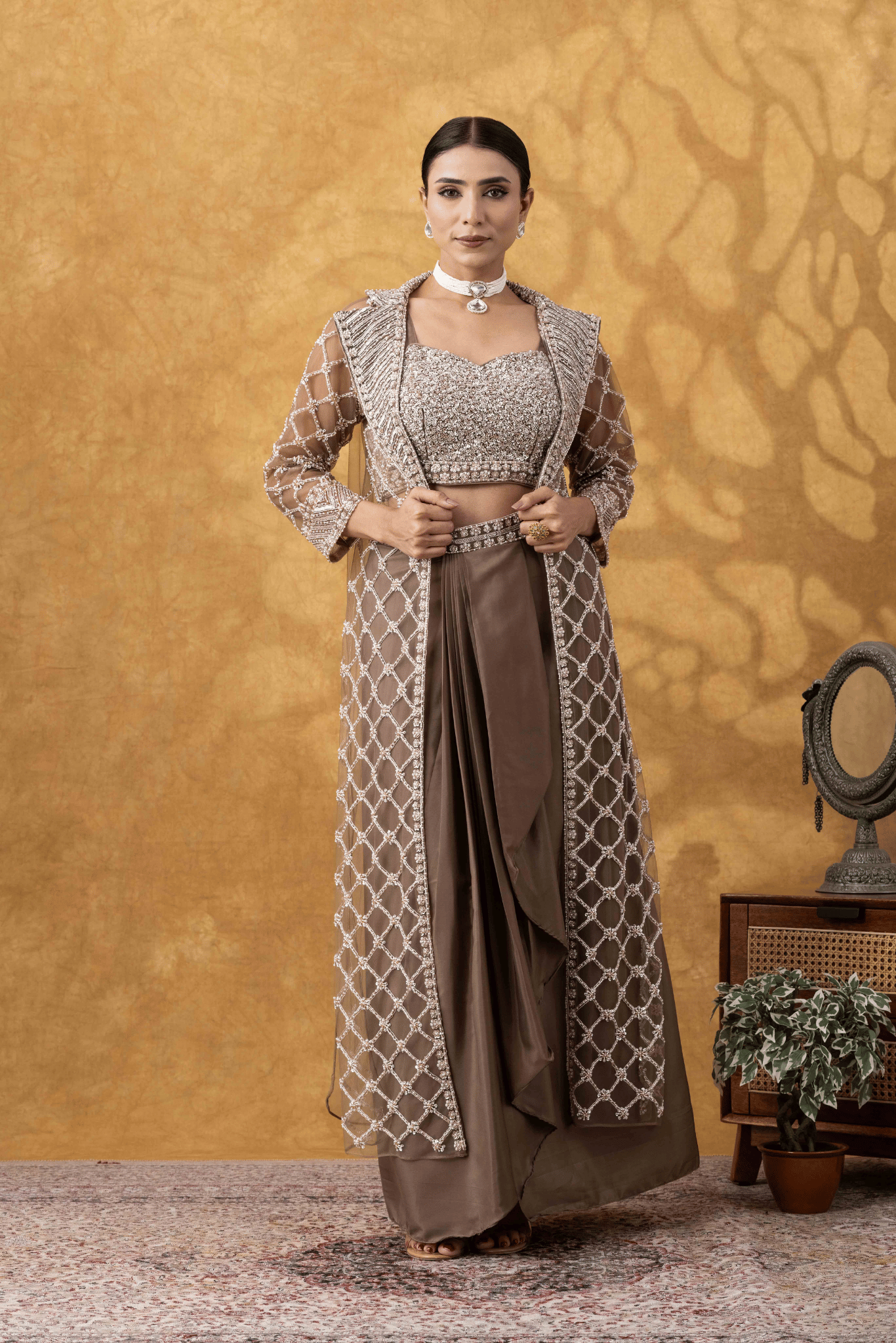 Mocha Brown Embellished Jacket & Drape Skirt Set