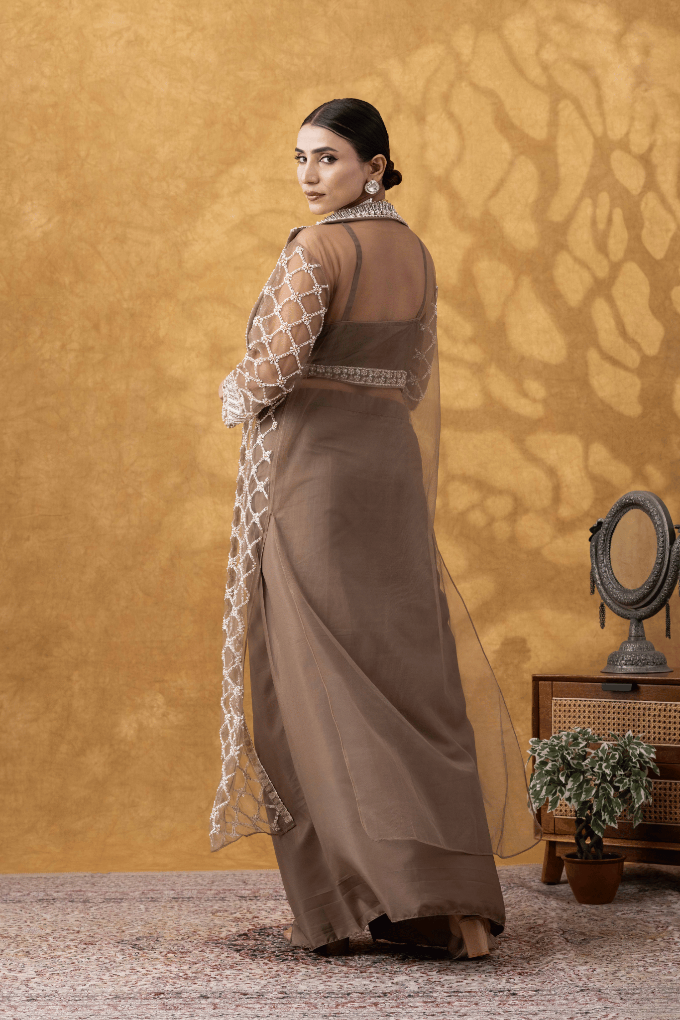 Mocha Brown Embellished Jacket & Drape Skirt Set