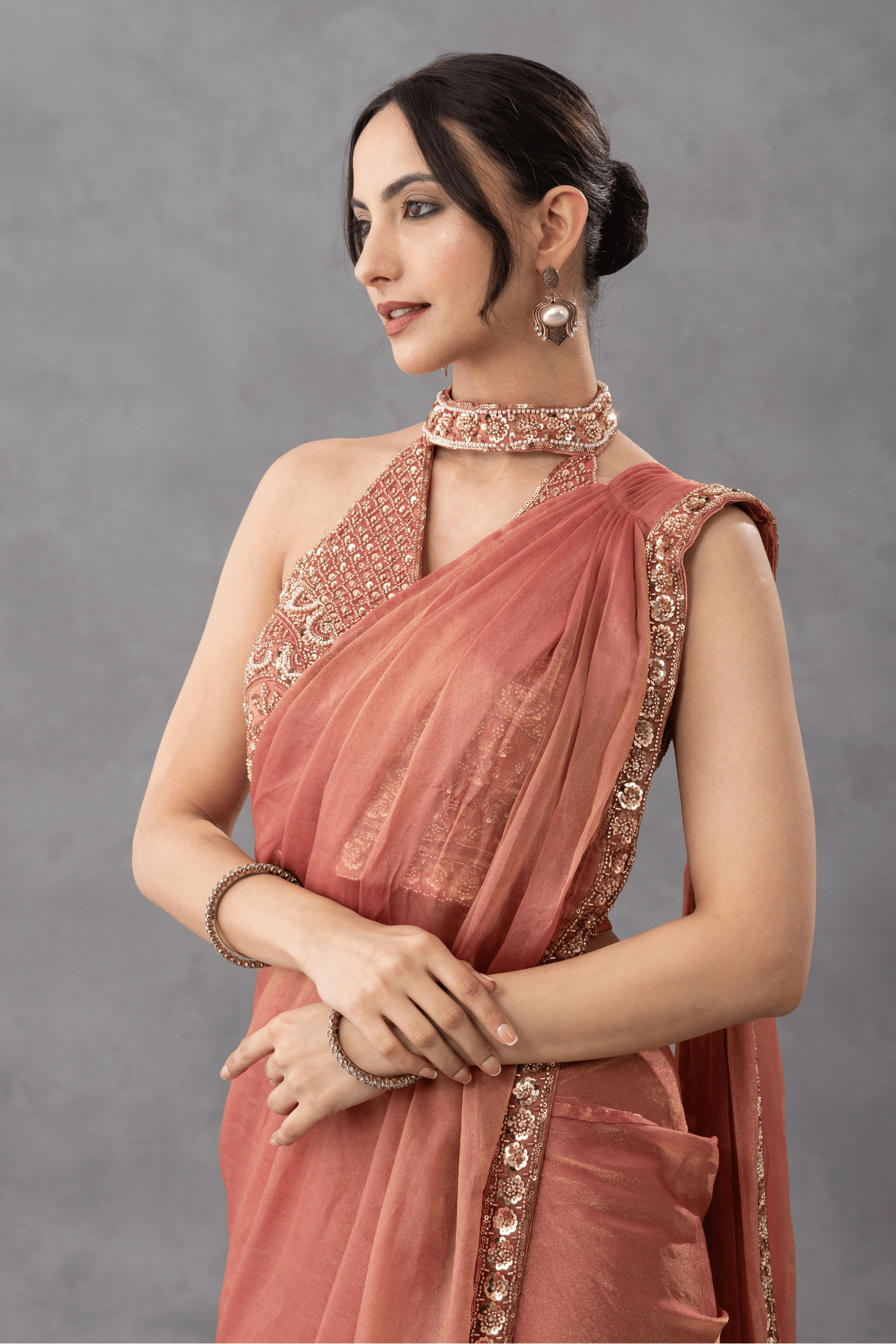 Peach Ombre Draped Saree with Statement Blouse