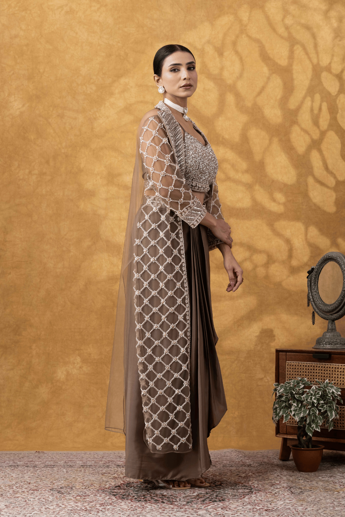 Mocha Brown Embellished Jacket & Drape Skirt Set