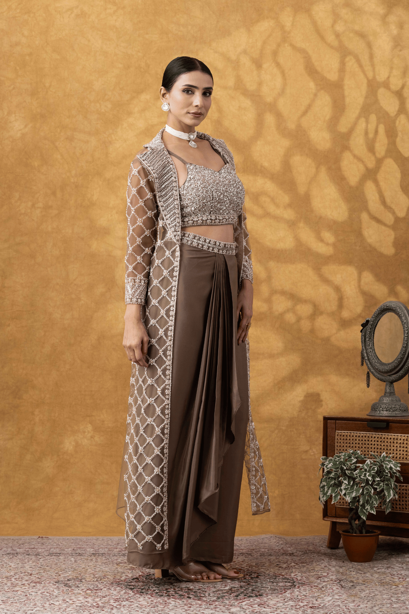 Mocha Brown Embellished Jacket & Drape Skirt Set