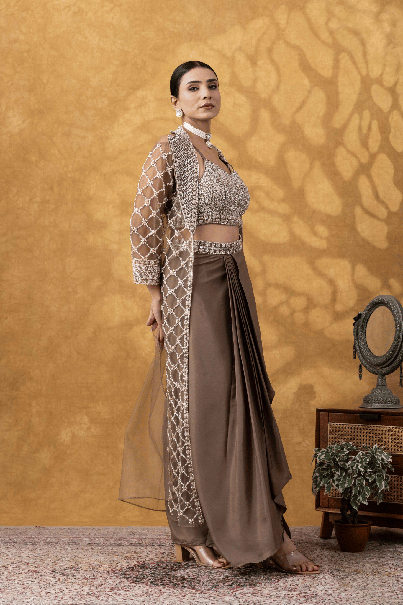 Mocha Brown Embellished Jacket & Drape Skirt Set