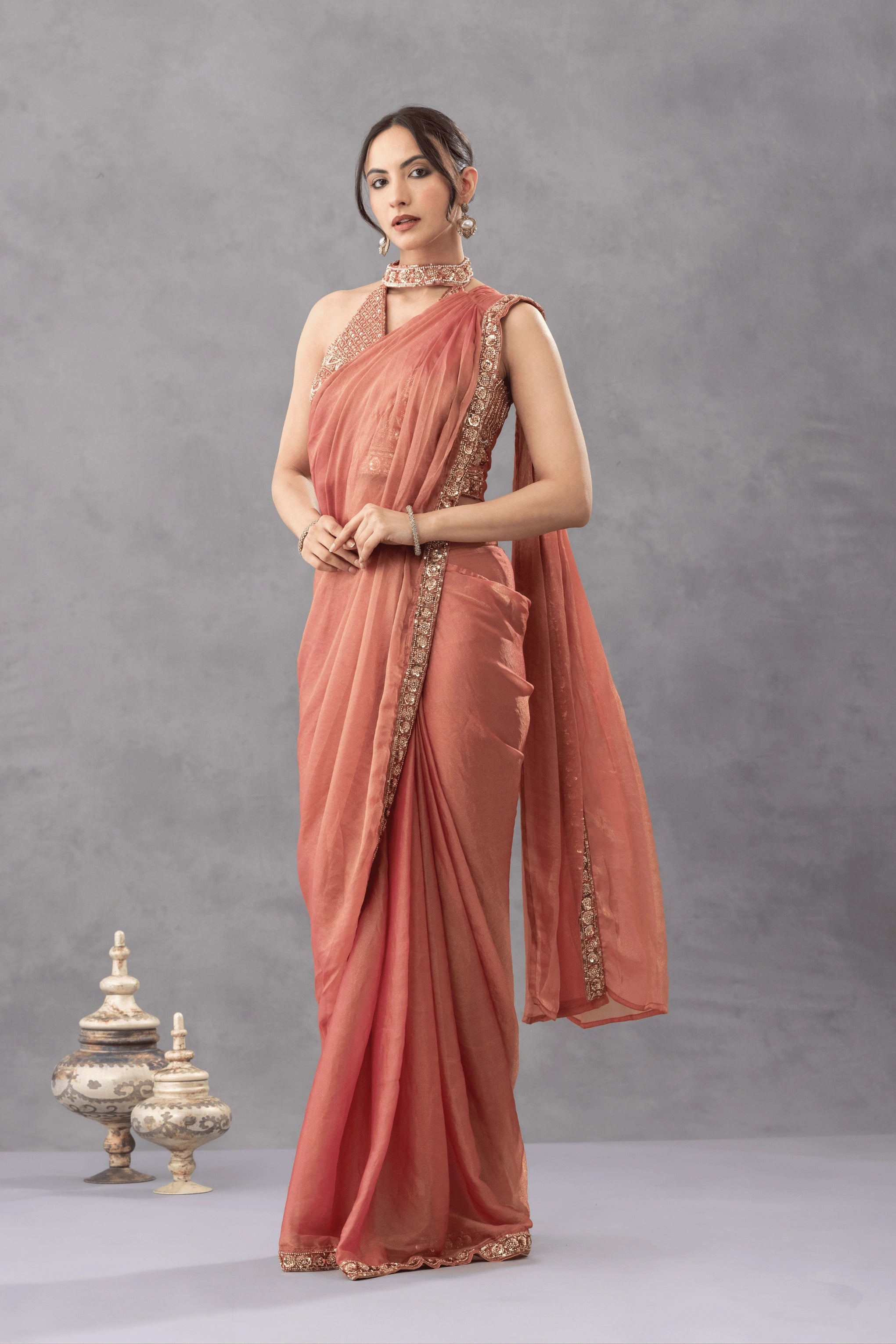Peach Ombre Draped Saree with Statement Blouse