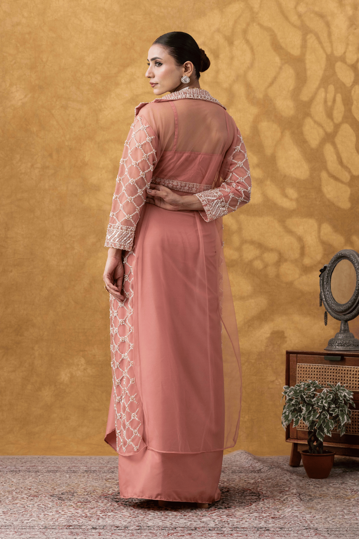 Rose Pink Embellished Jacket & Drape Skirt Set