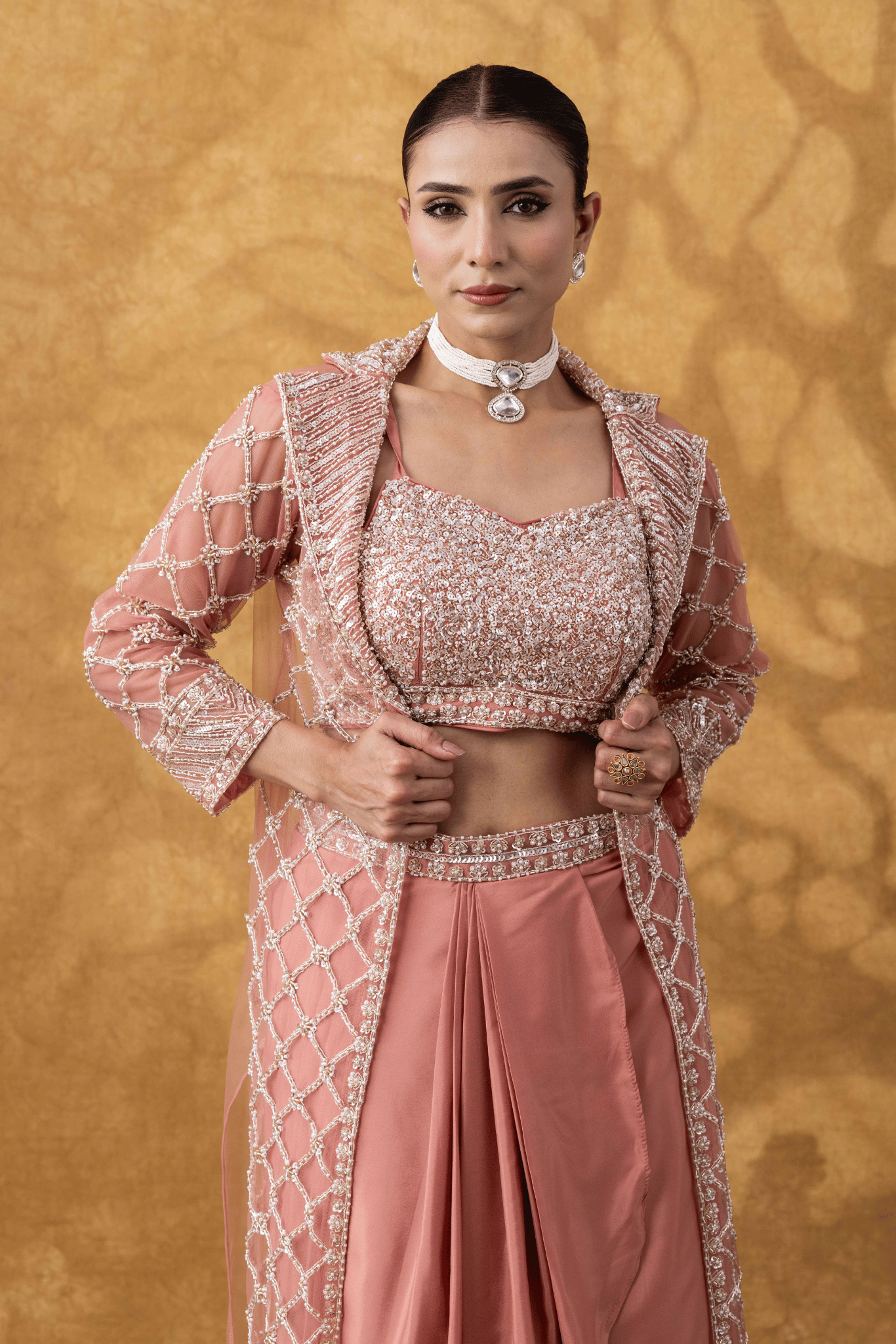 Rose Pink Embellished Jacket & Drape Skirt Set