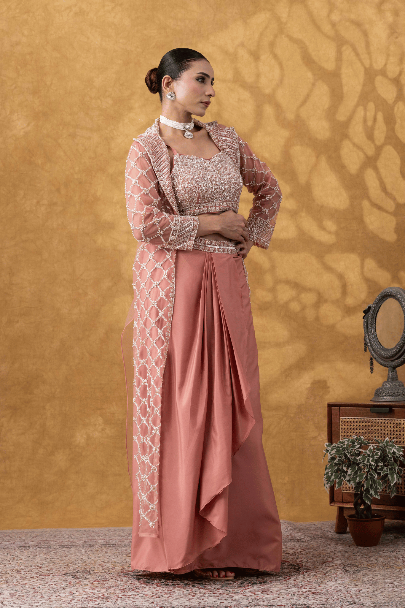 Rose Pink Embellished Jacket & Drape Skirt Set