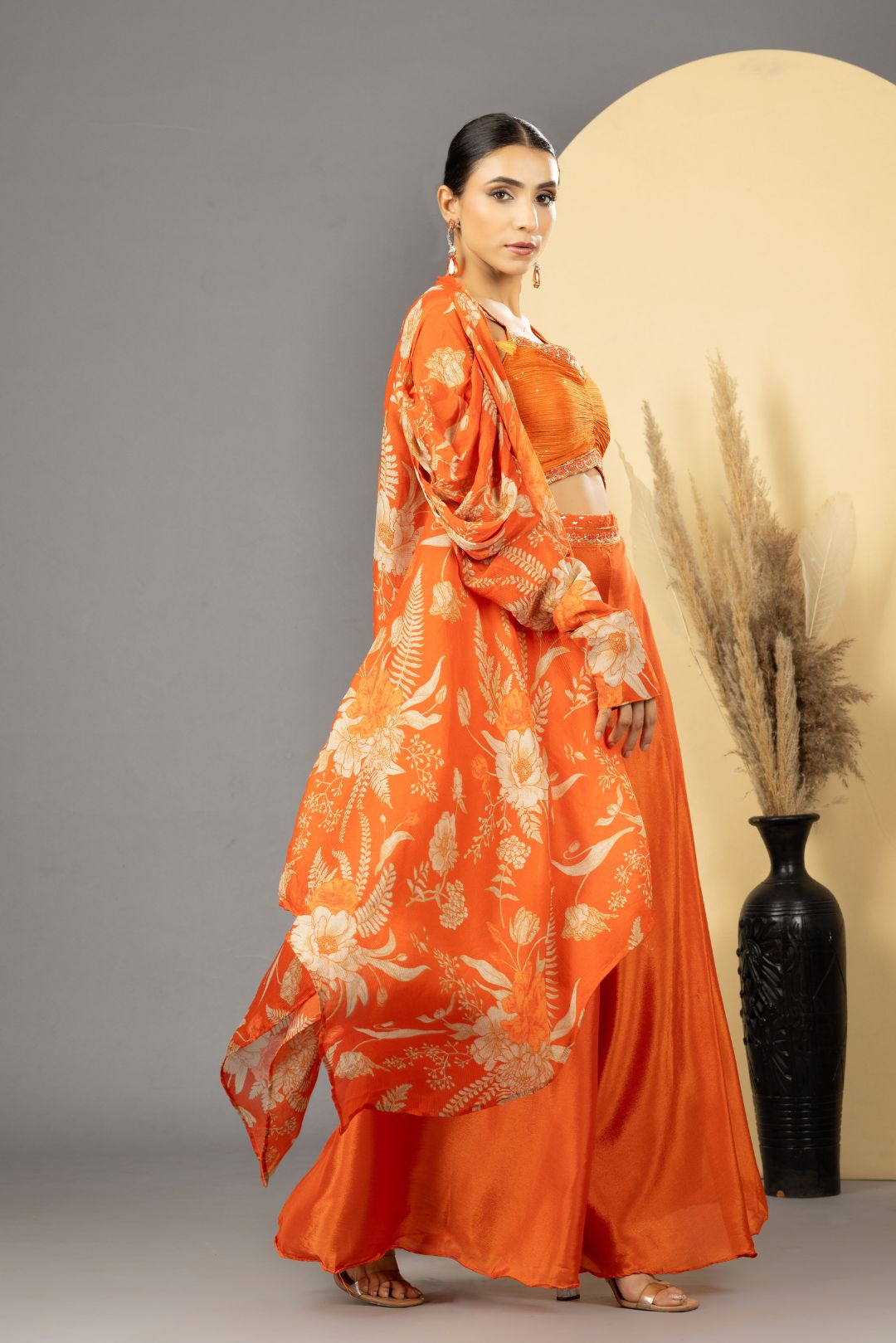 Orange Sharara with Full Sleeves Cape Set