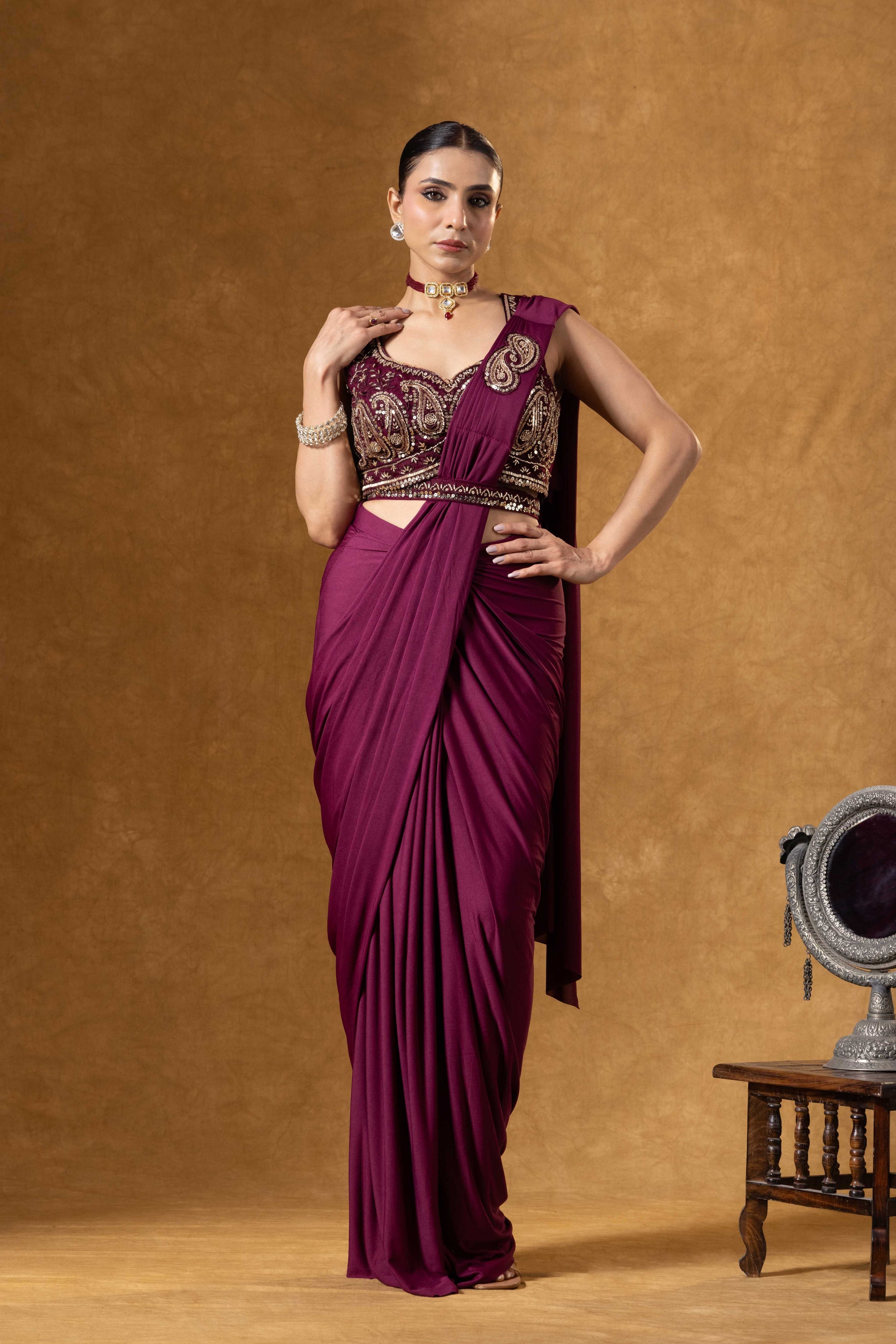 Deep Wine Draped Saree Ensemble