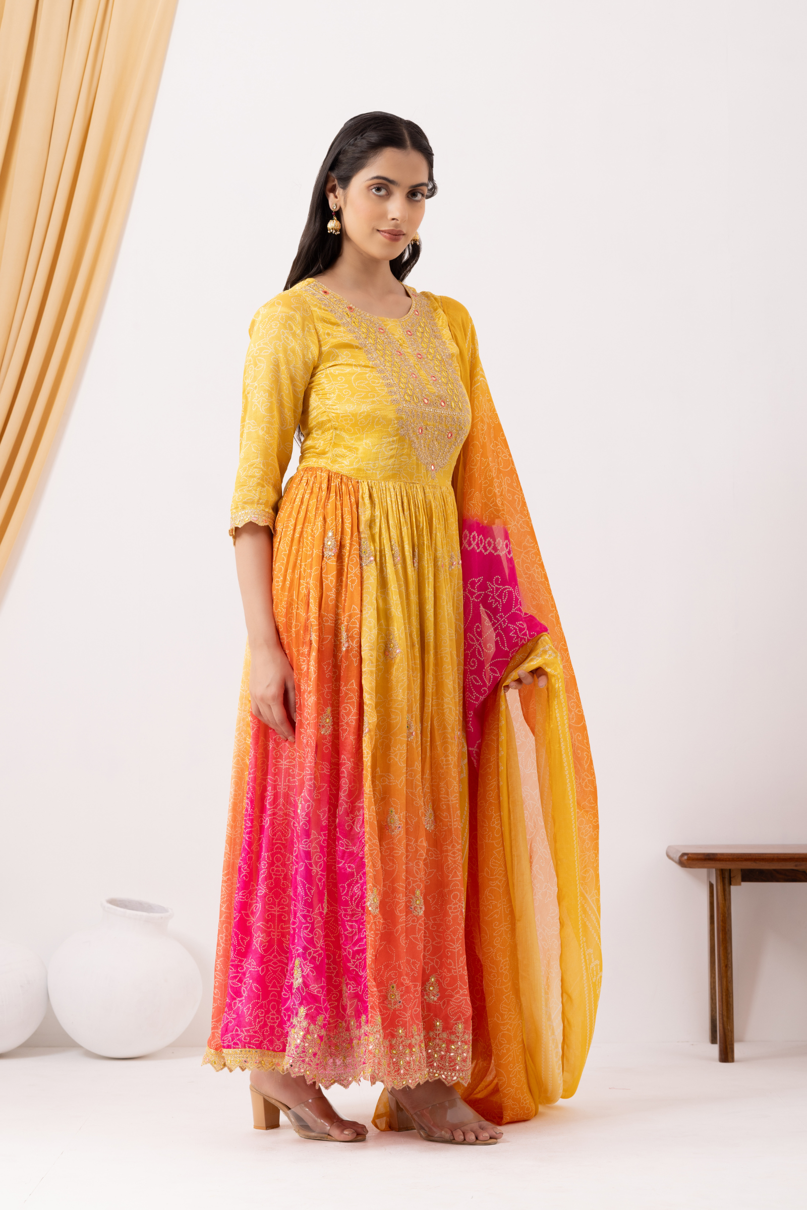 Yellow & Pink Ombre Crepe Printed & Hand Embroidered Anarkali Set