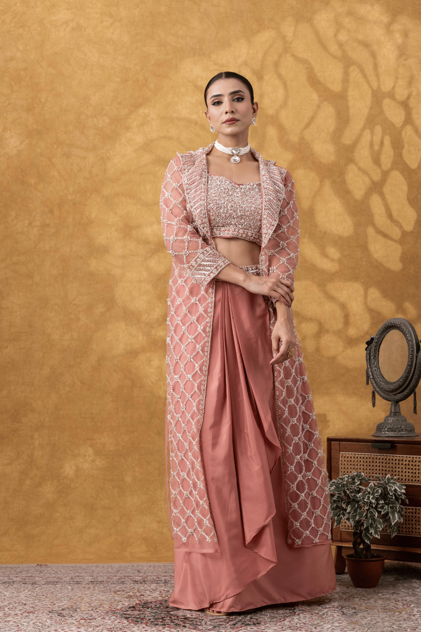 Rose Pink Embellished Jacket & Drape Skirt Set