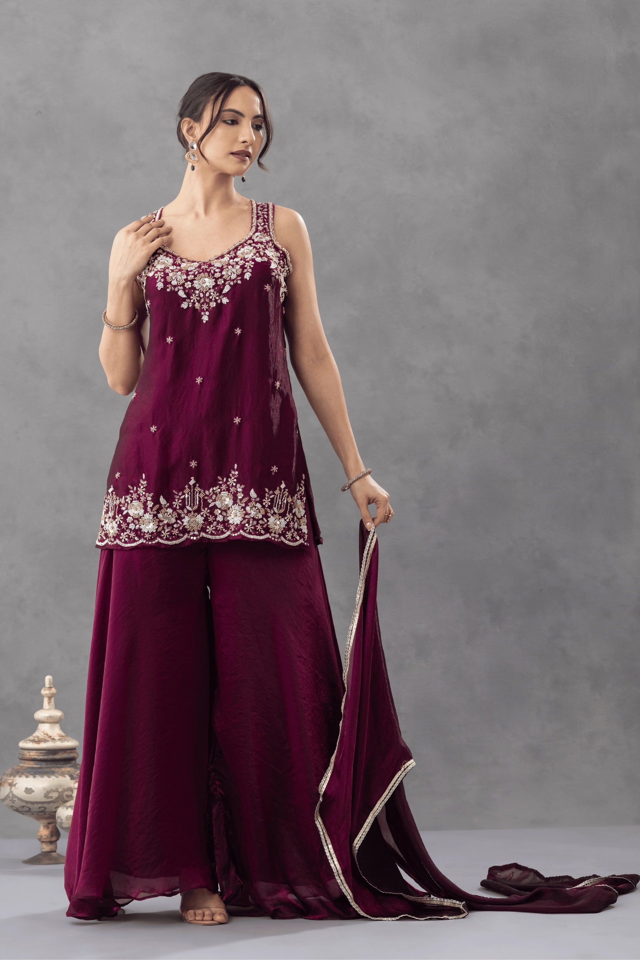 Wine Embroidered Kurta Palazzo Set