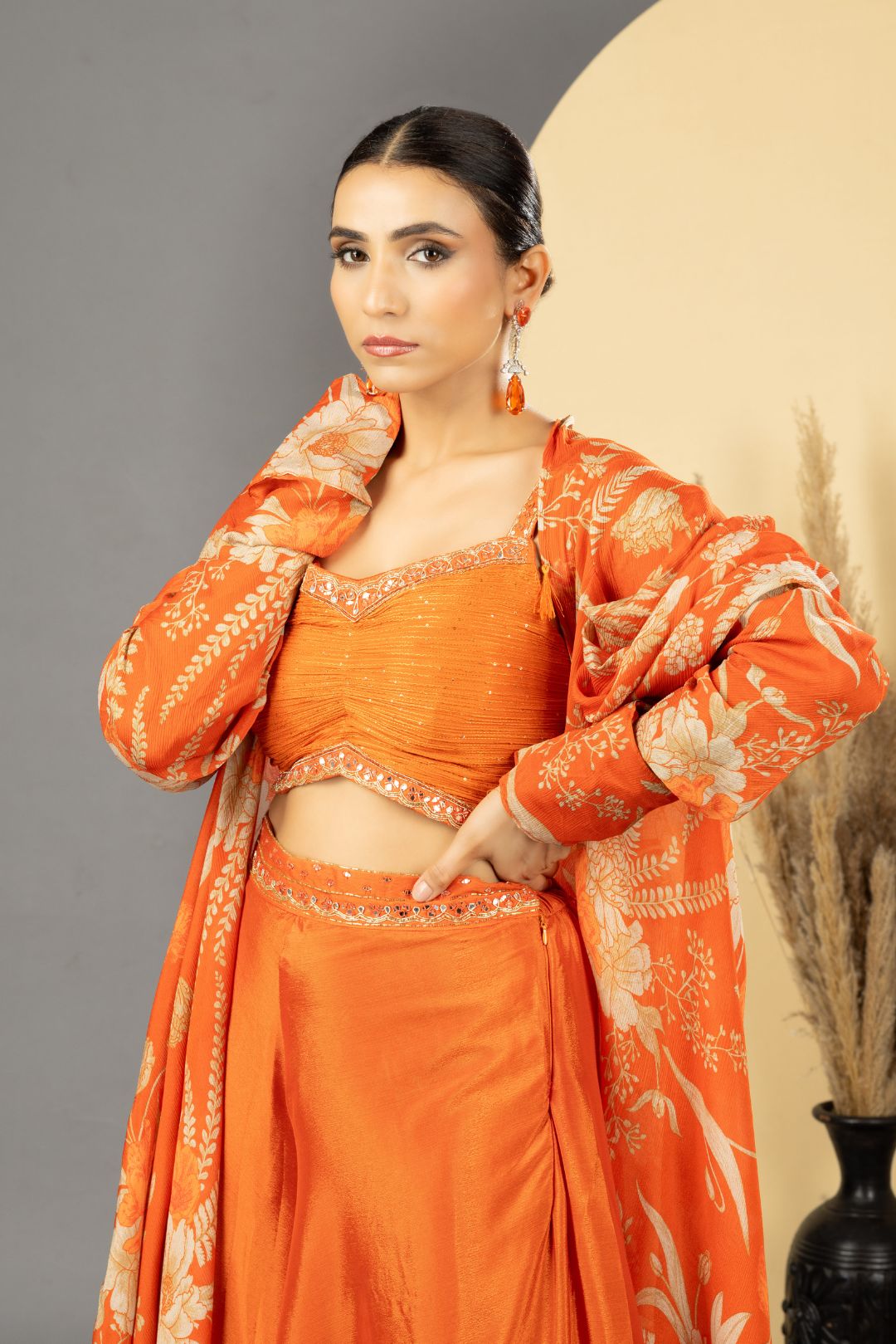 Orange Sharara with Full Sleeves Cape Set