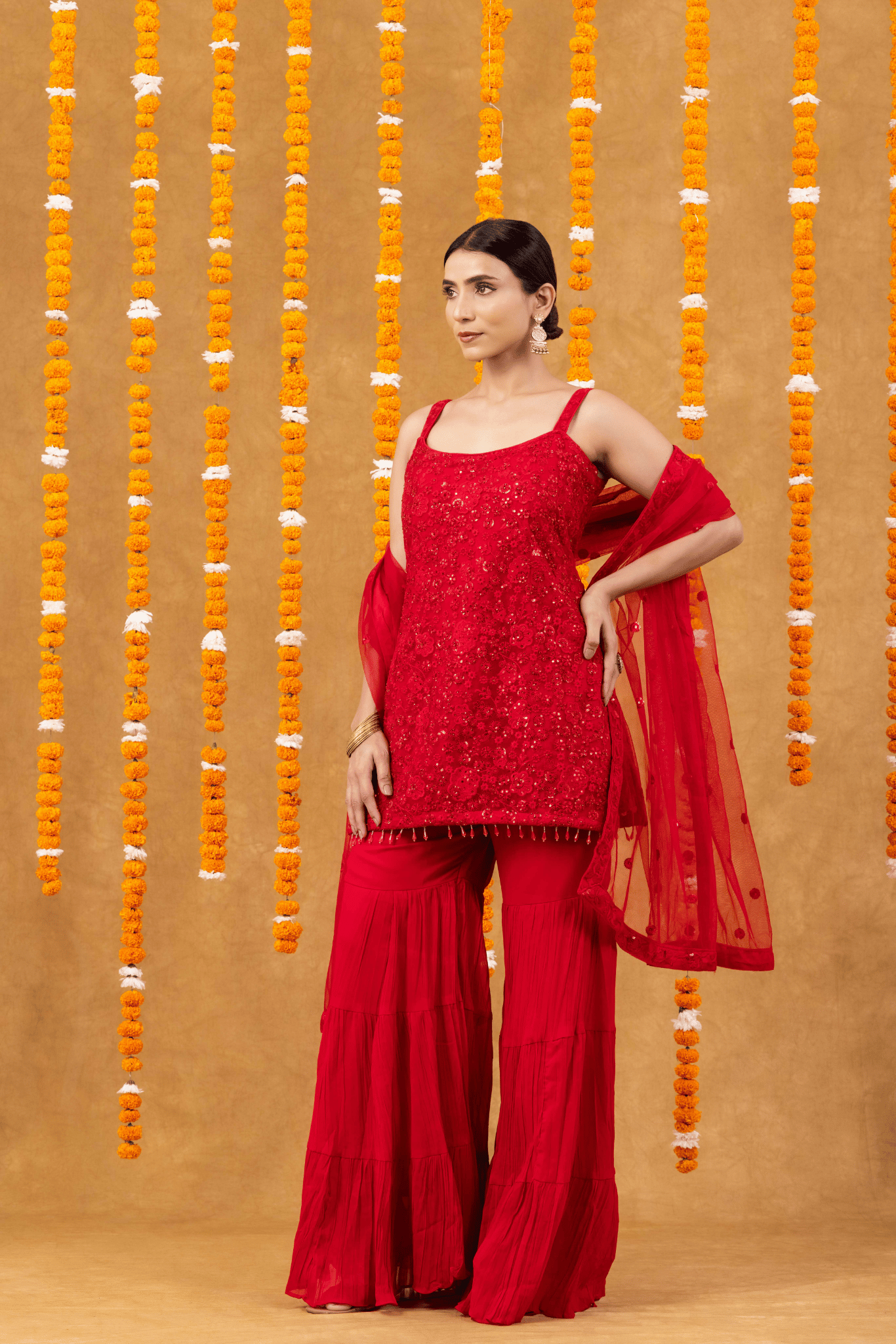 Festive Charm Red Georgette Palazzo Set