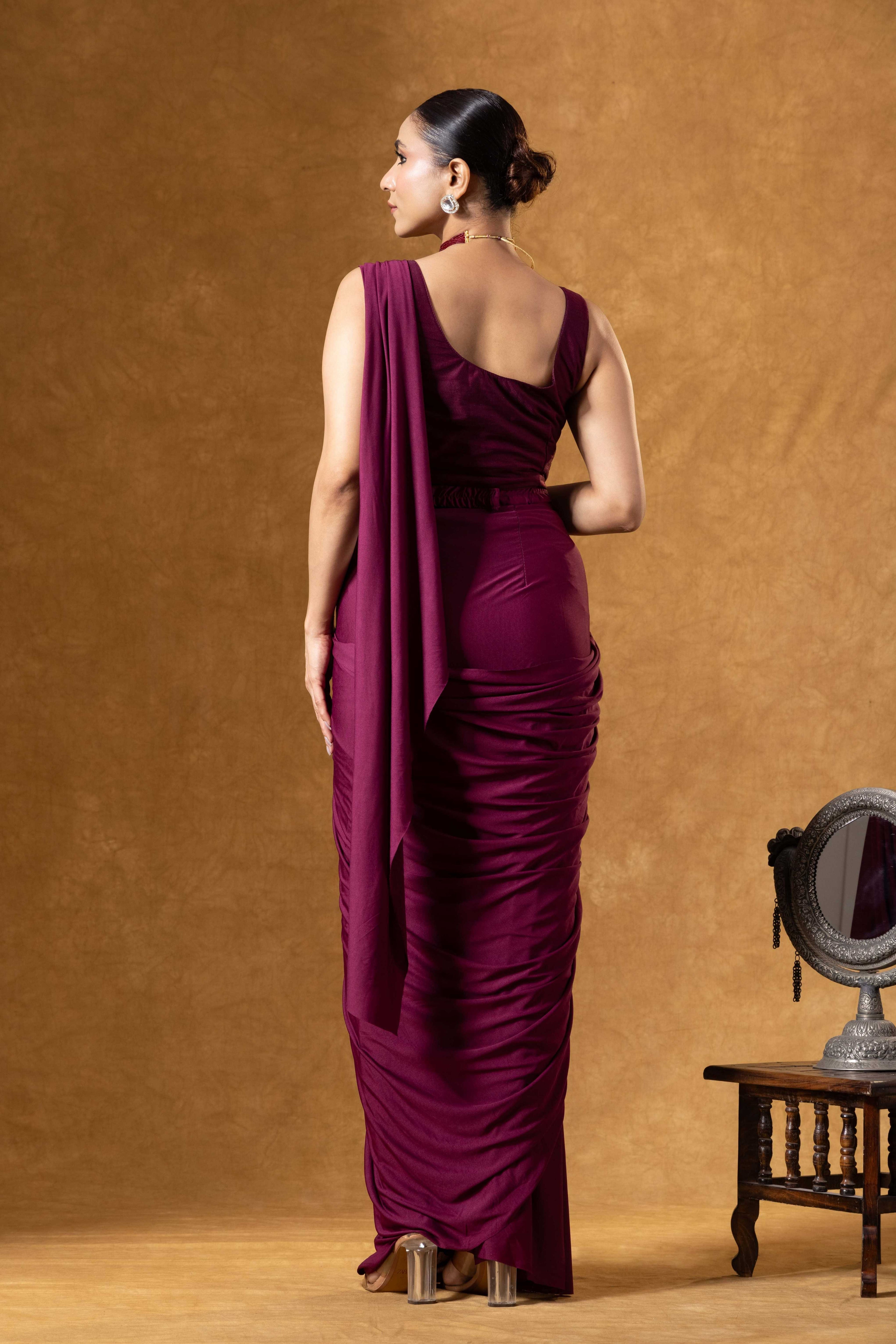 Deep Wine Draped Saree Ensemble