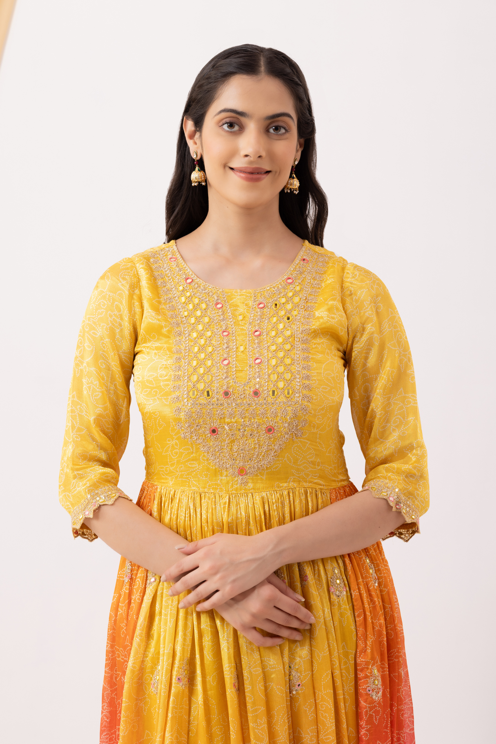 Yellow & Pink Ombre Crepe Printed & Hand Embroidered Anarkali Set