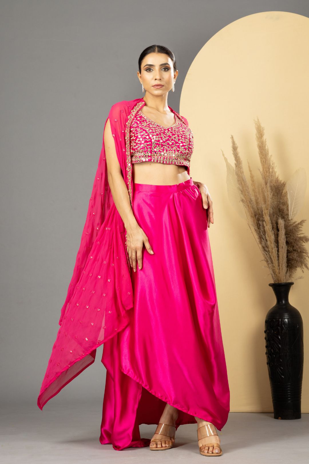 Pink Mirror Work Dhoti Skirt Set