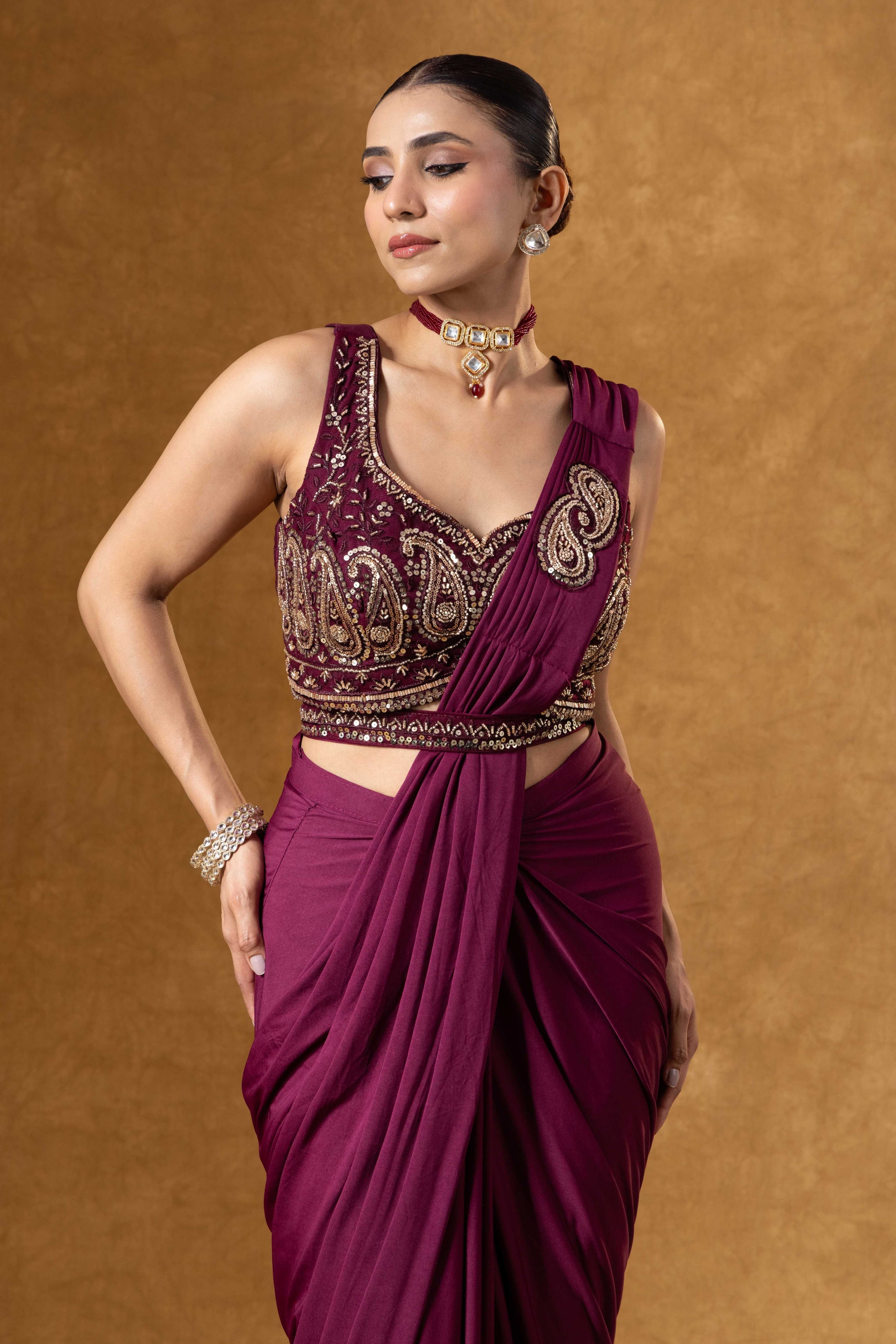 Deep Wine Draped Saree Ensemble