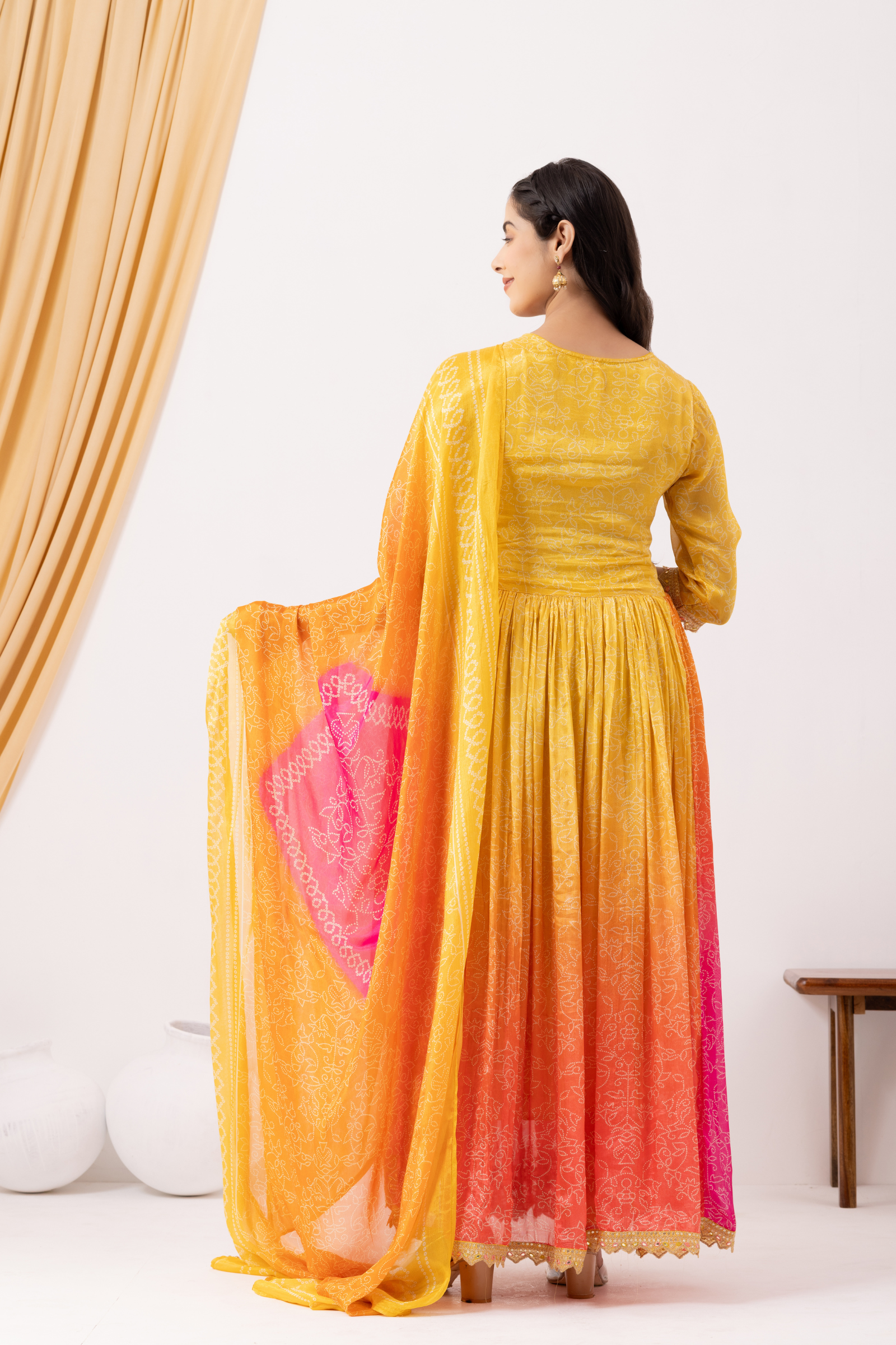 Yellow & Pink Ombre Crepe Printed & Hand Embroidered Anarkali Set