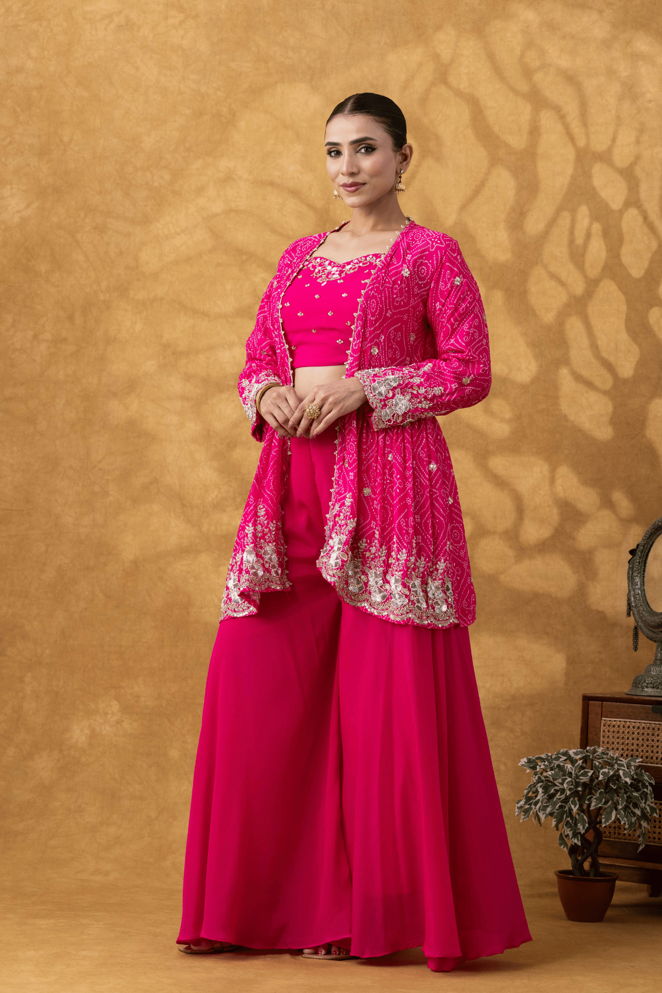Fuchsia Pink Embroidered Jacket Sharara Set