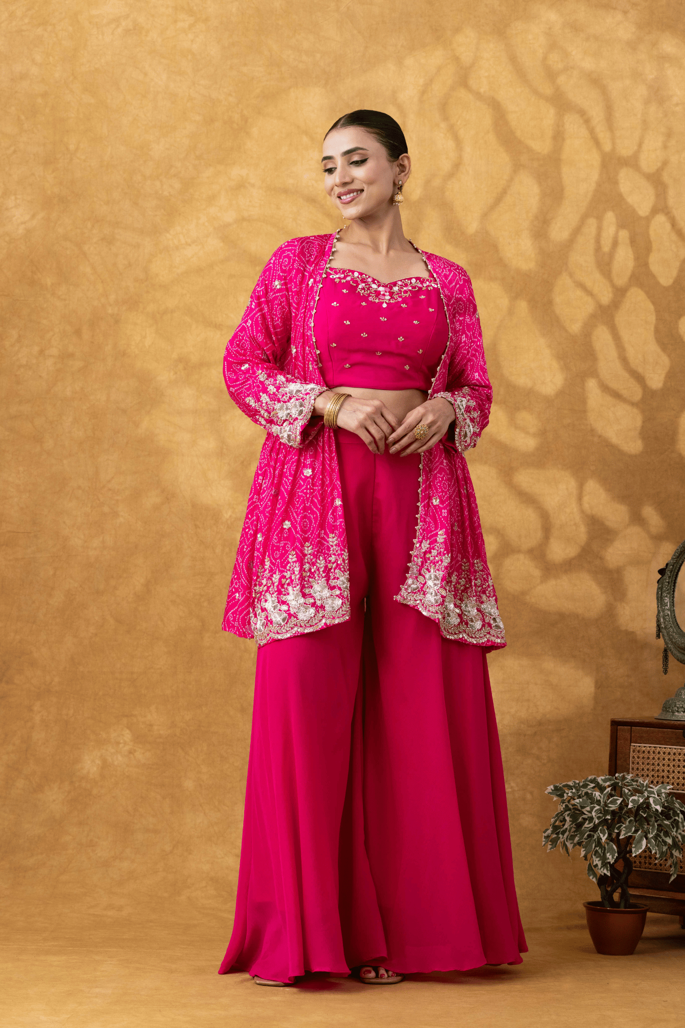 Fuchsia Pink Embroidered Jacket Sharara Set