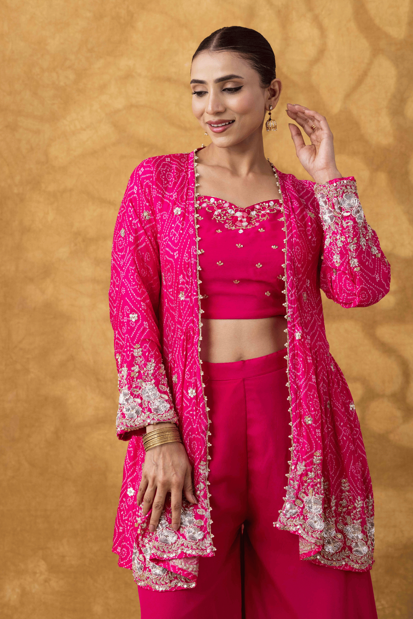 Fuchsia Pink Embroidered Jacket Sharara Set