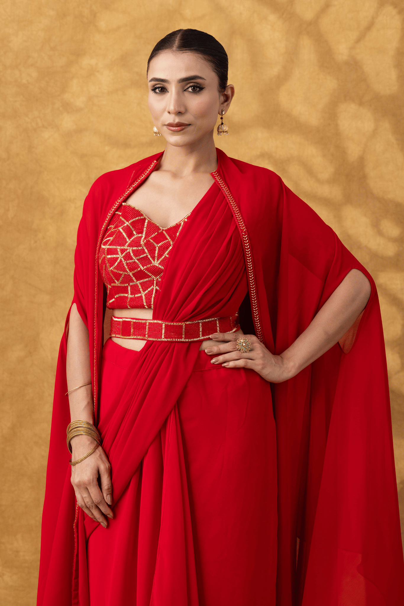 Scarlet Red Drape Saree Set