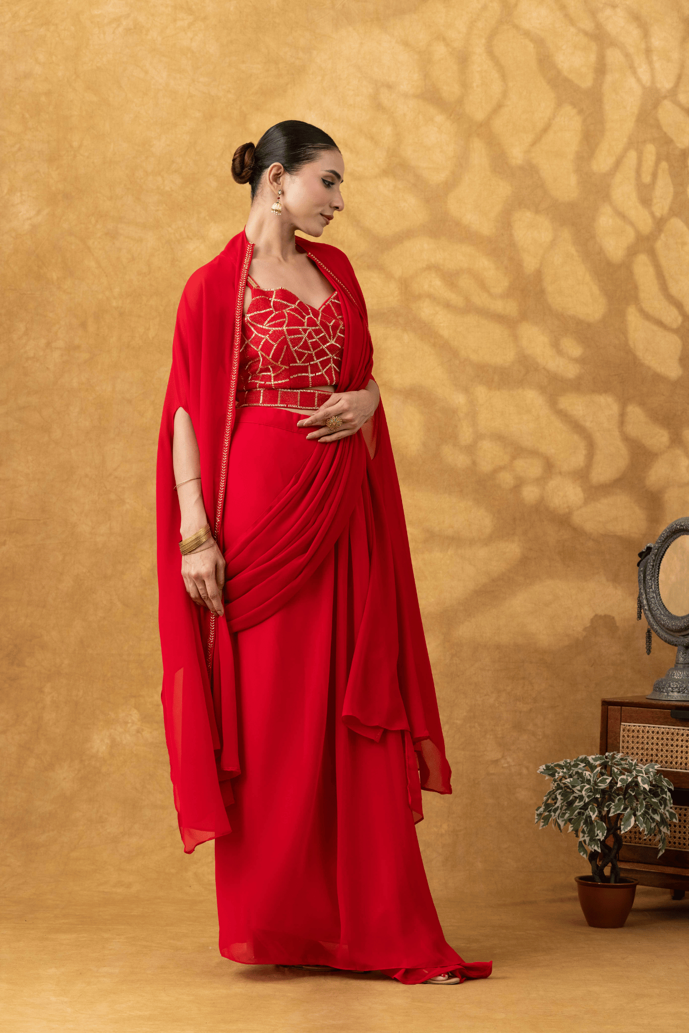 Scarlet Red Drape Saree Set