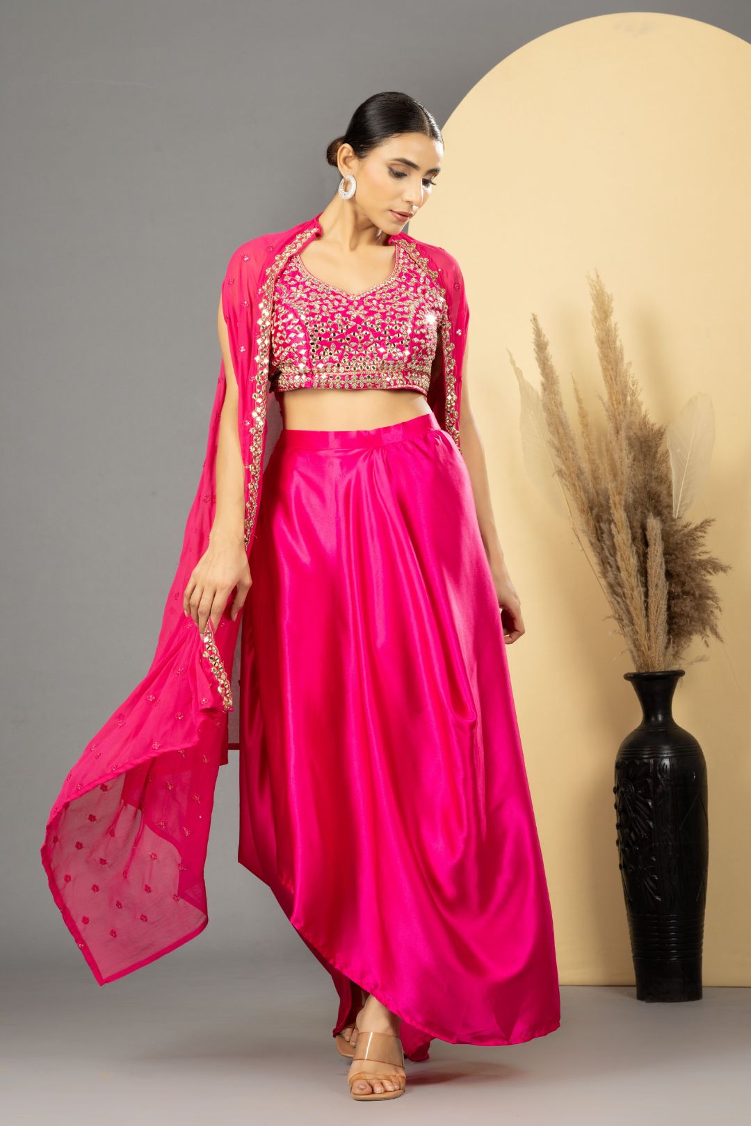 Pink Mirror Work Dhoti Skirt Set