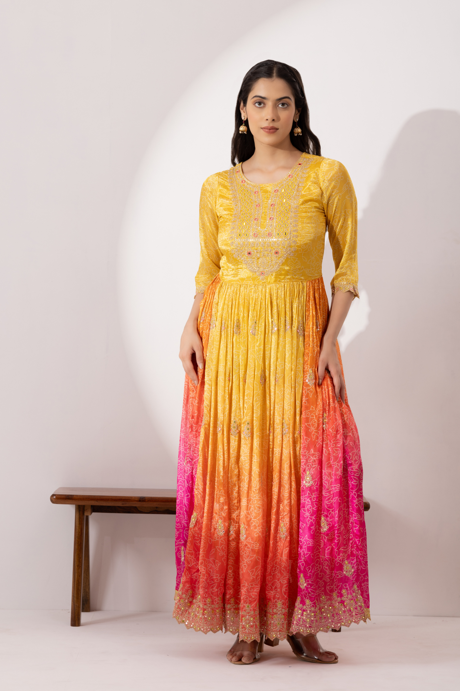 Yellow & Pink Ombre Crepe Printed & Hand Embroidered Anarkali Set
