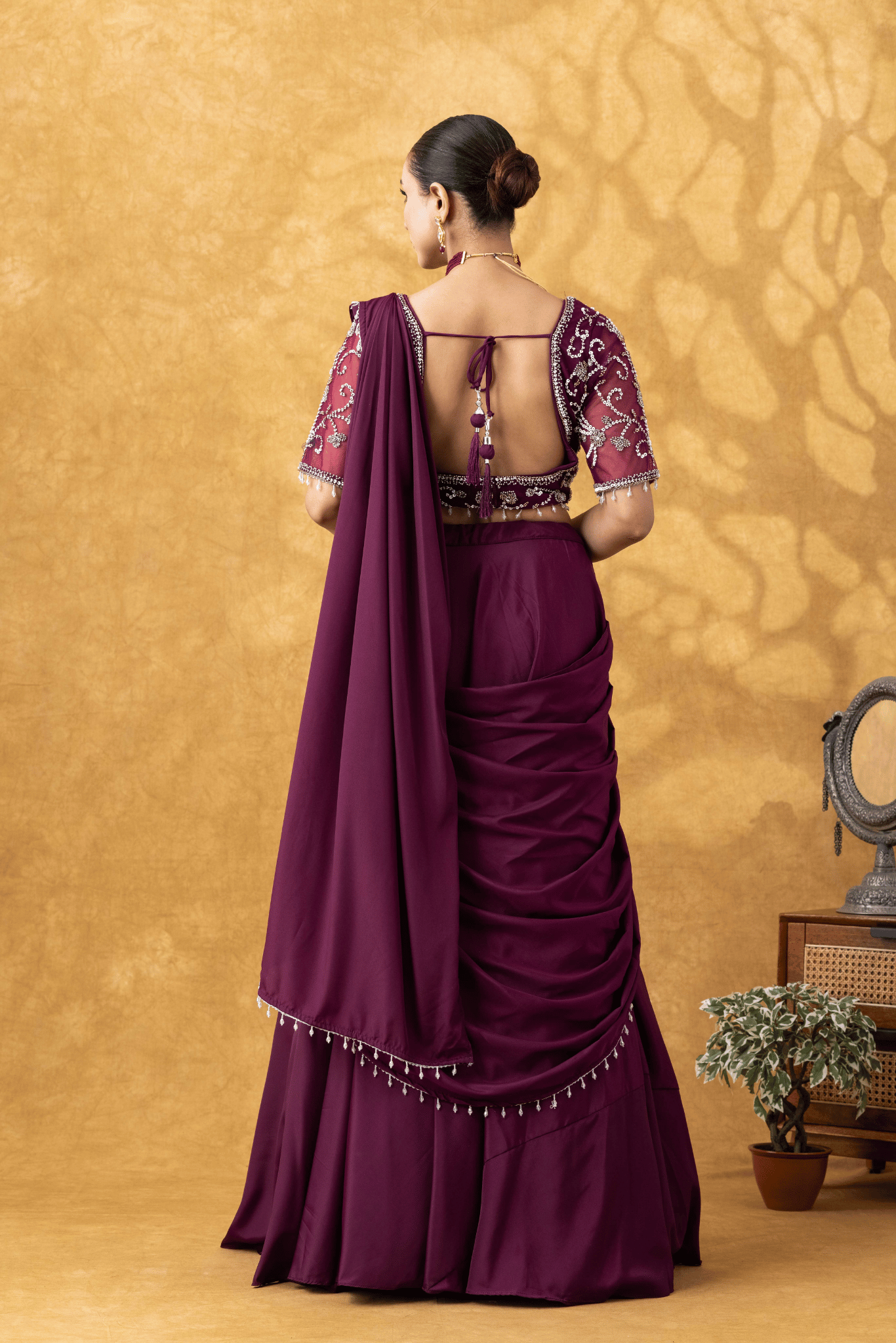 Wine Dipped Moti Work Pre-Drape Saree
