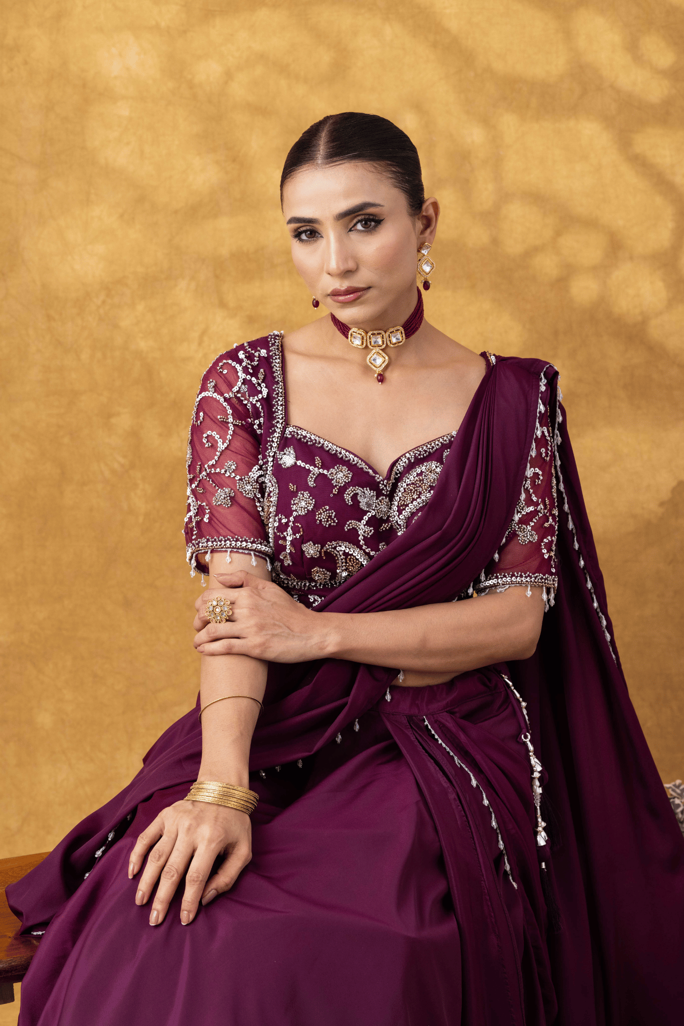 Wine Dipped Moti Work Pre-Drape Saree