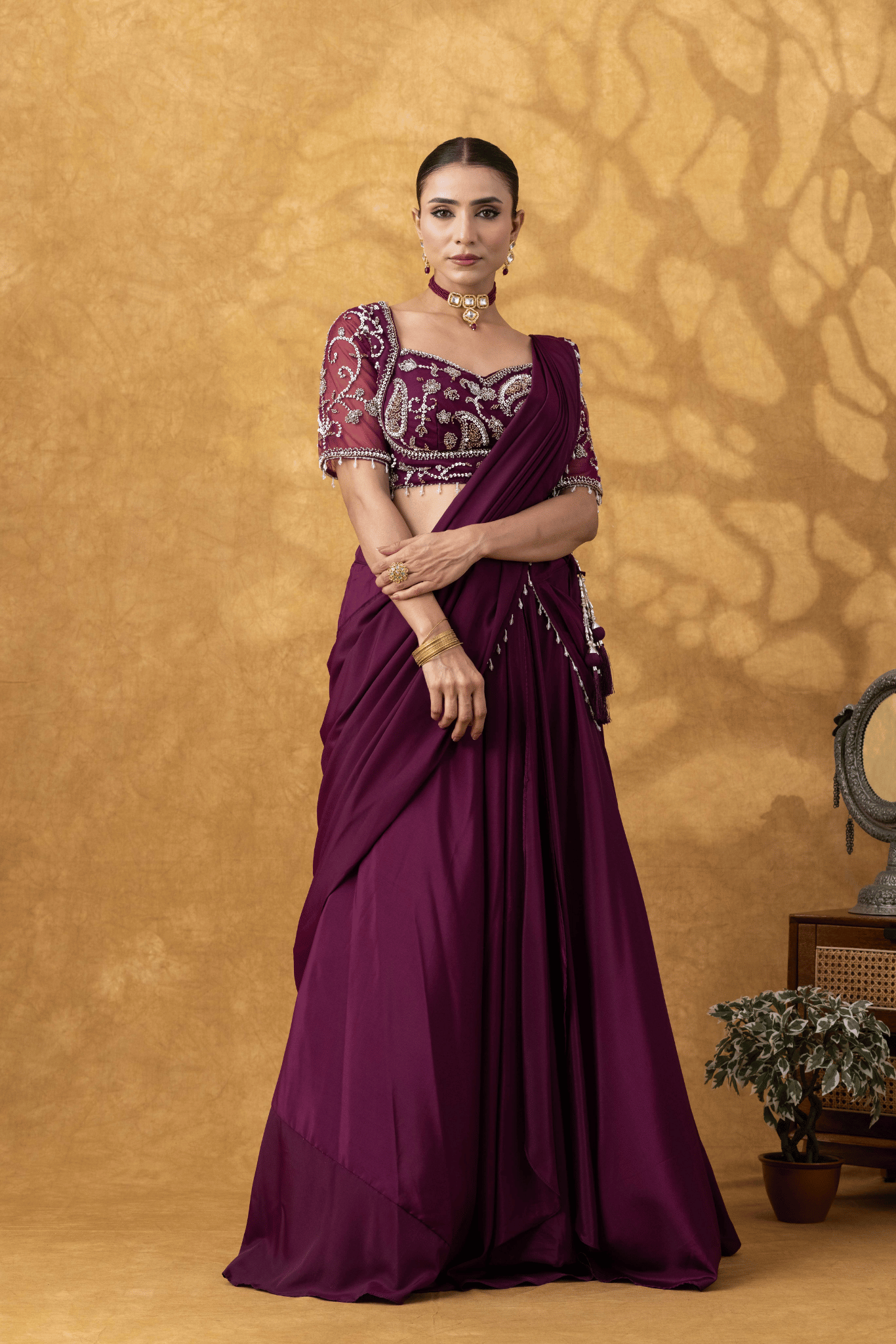 Wine Dipped Moti Work Pre-Drape Saree