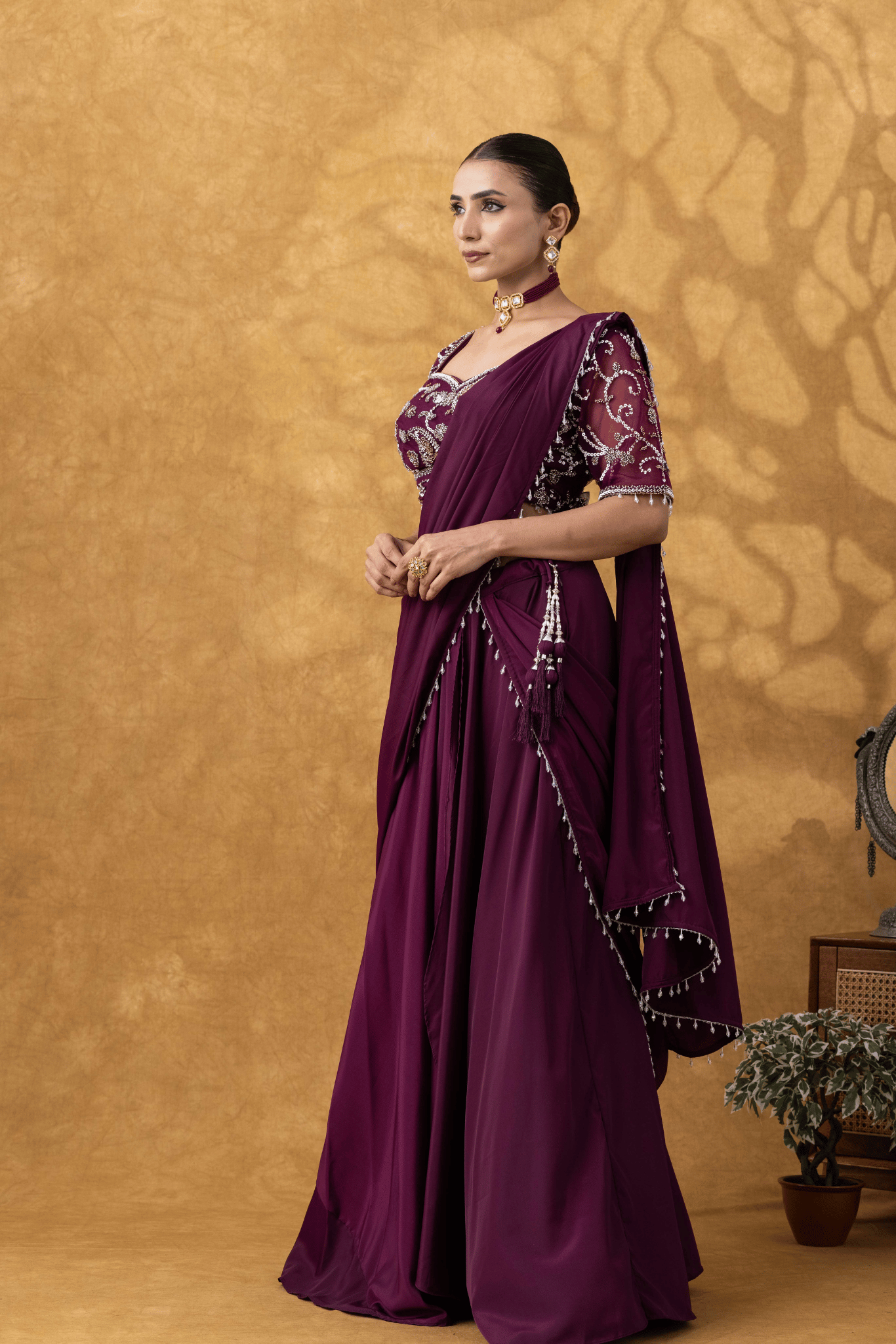 Wine Dipped Moti Work Pre-Drape Saree