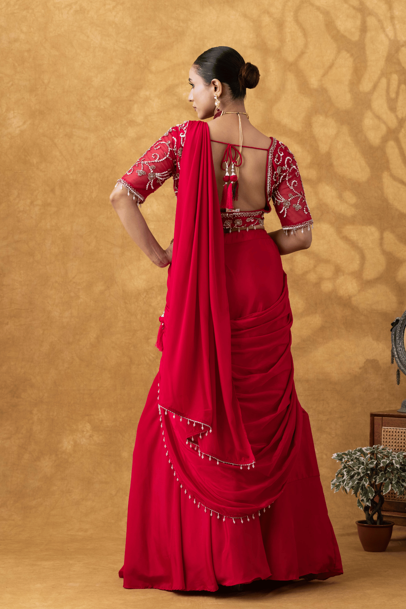 Magenta Pink Moti Work Pre-Drape Saree