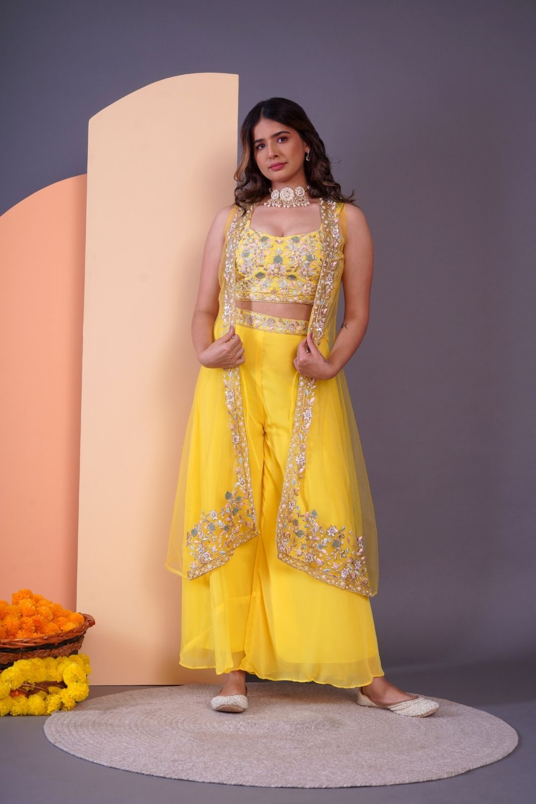 Yellow Embroidered Crop Top & Sharara Set