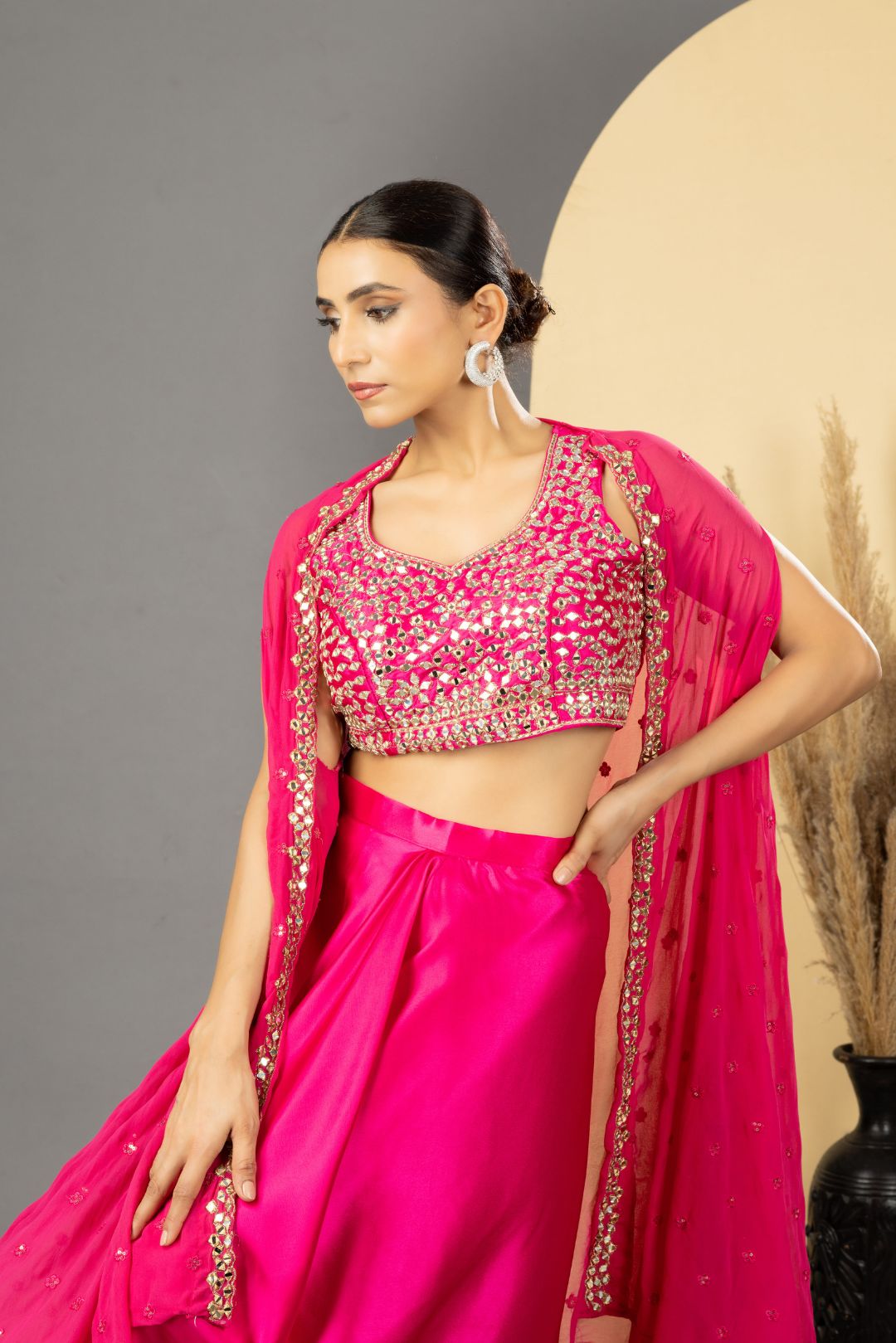 Pink Mirror Work Dhoti Skirt Set