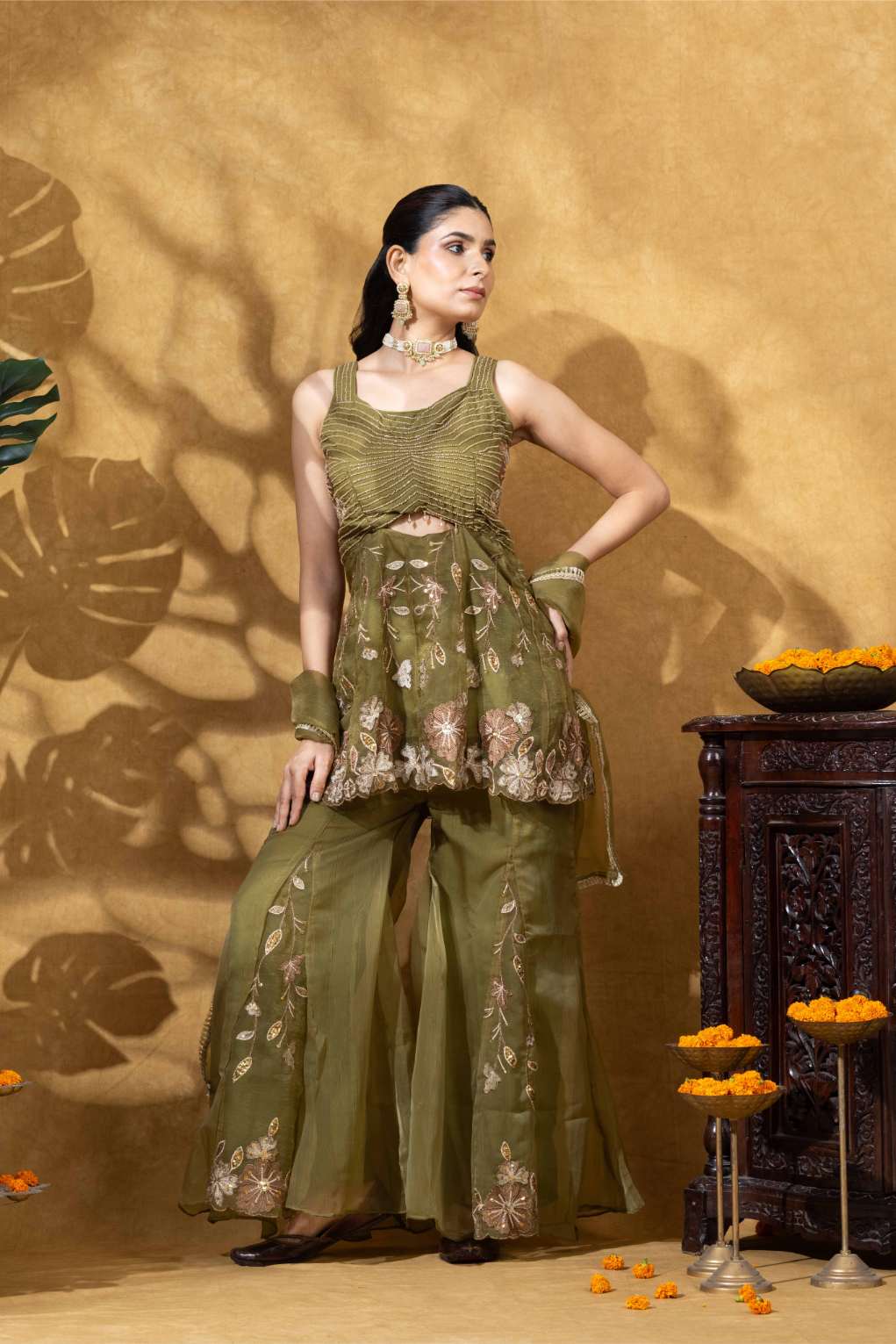 Embroidered Indo-Western Sharara Set in Olive Green