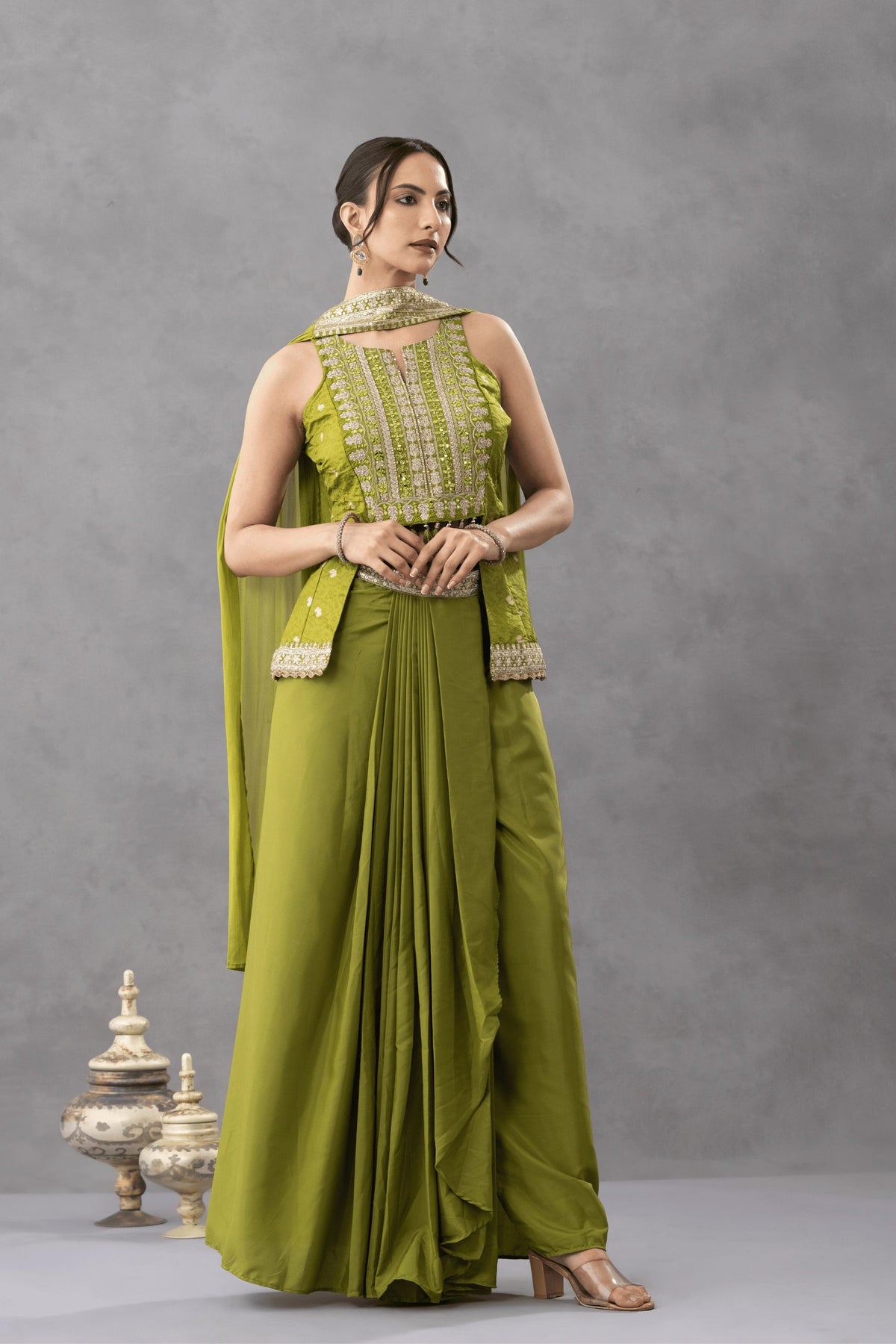 Green Embroidered Peplum Top with Draped Skirt