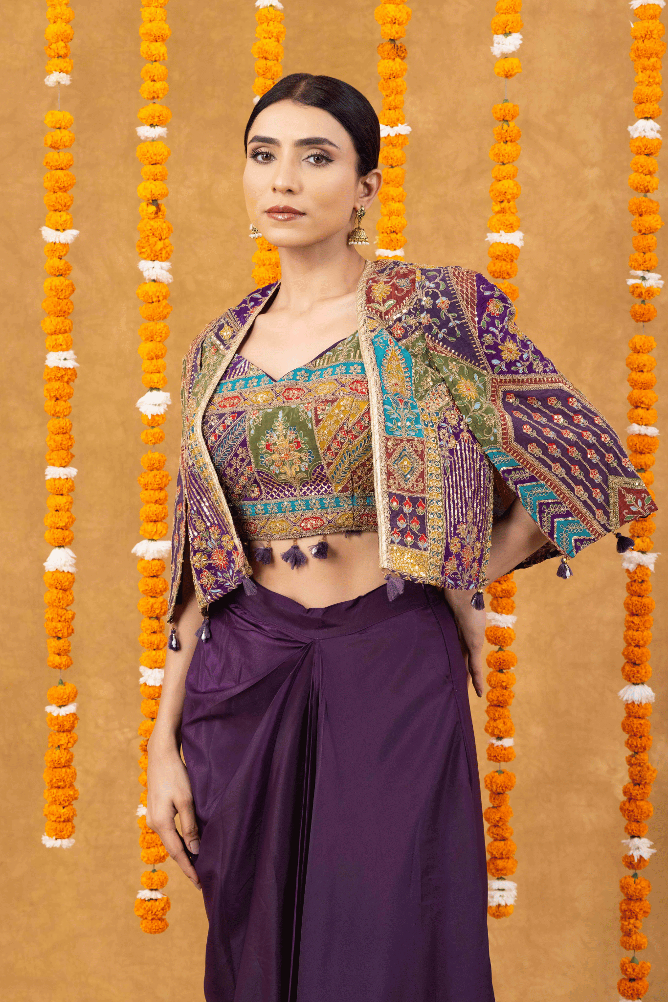 Regal Purple Drape Skirt with Embroidered Crop Top & Jacket