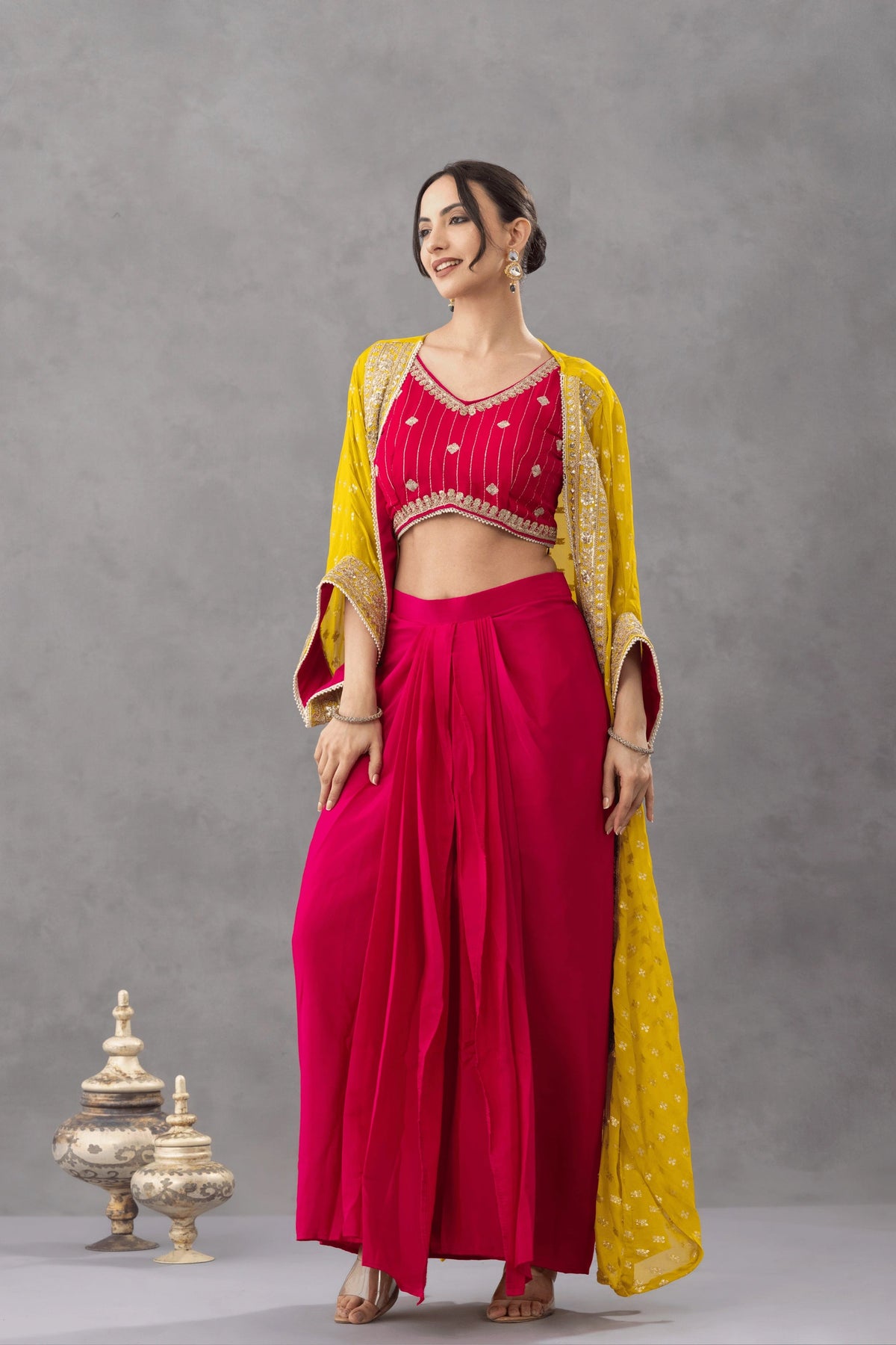 Magenta Pink Draped Skirt Set with Embellished Blouse & Yellow Cape