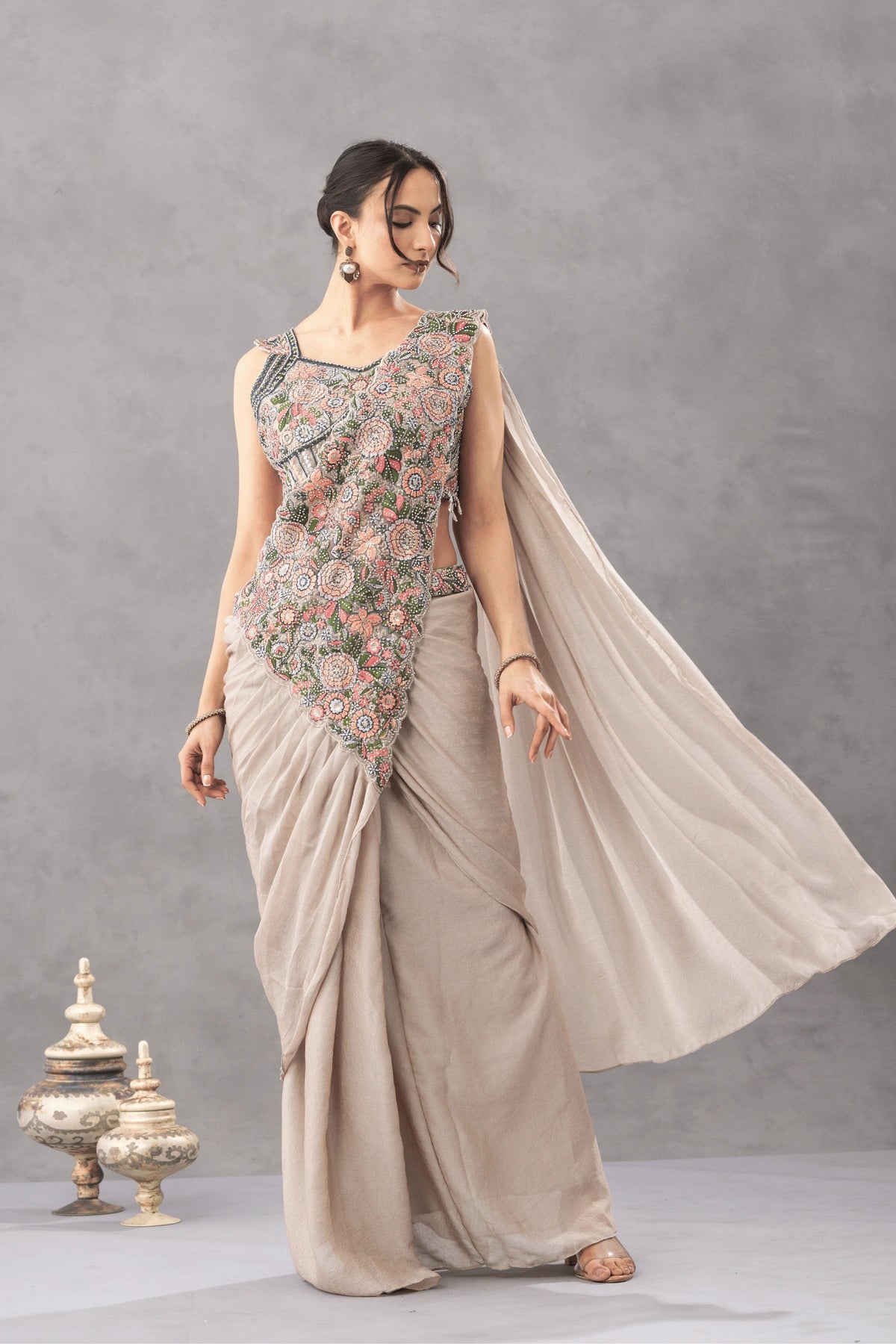 Warm Beige Draped Saree with Floral Embroidered Blouse