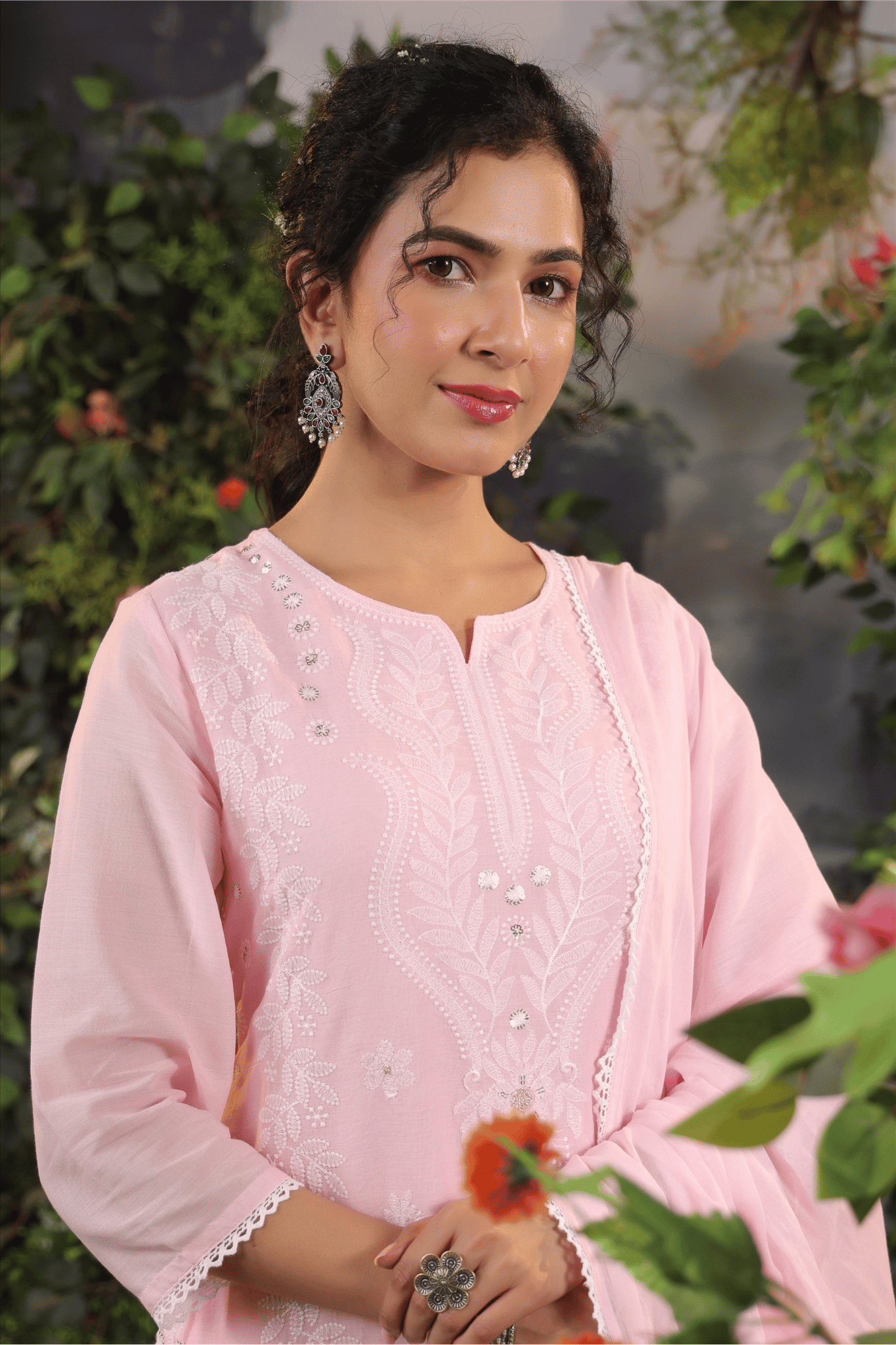 Pink Embroidered Mulmul kurta set