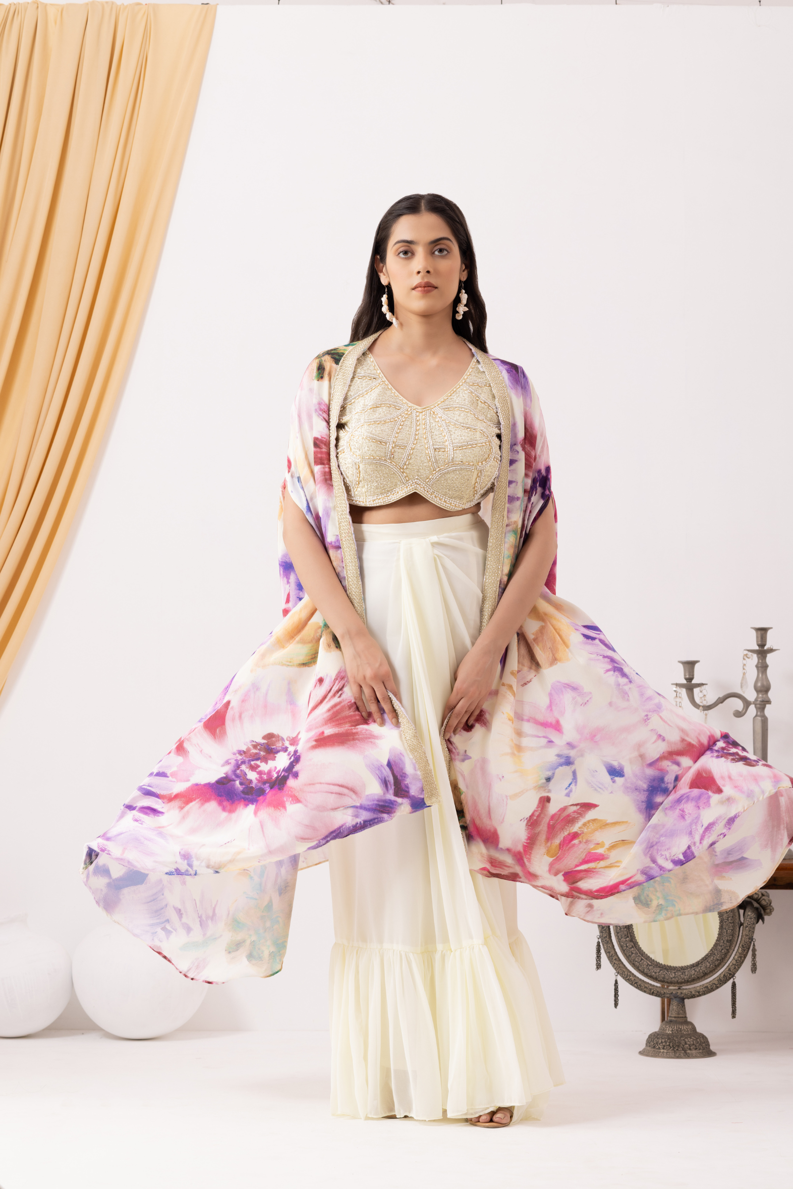 White Ruffle Drape Skirt with Crop Top & Floral Print Cape Set