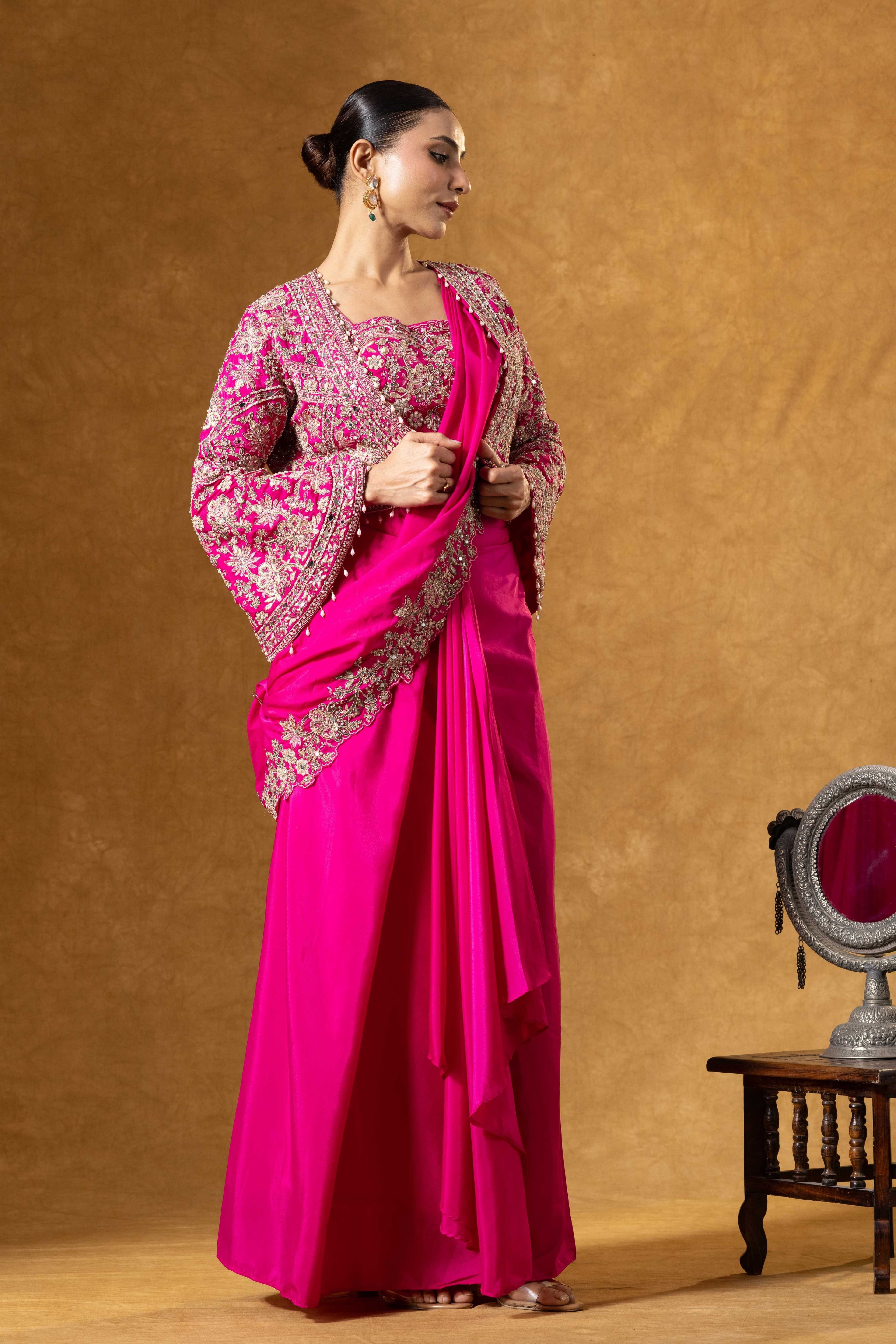 Fuchsia Royale Jacket Saree Set